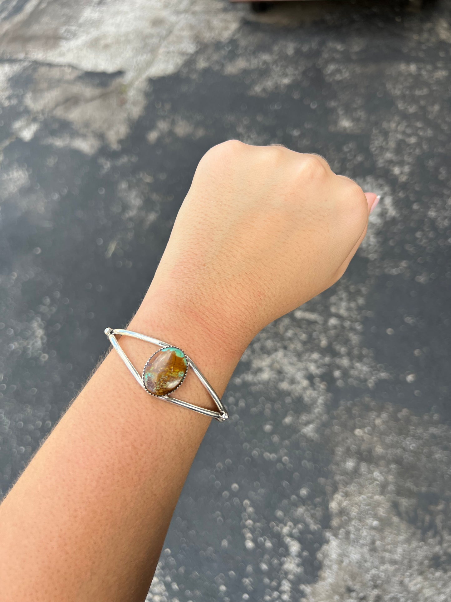 Genuine Green Turquoise Sterling Silver Oval Cuff Bracelet