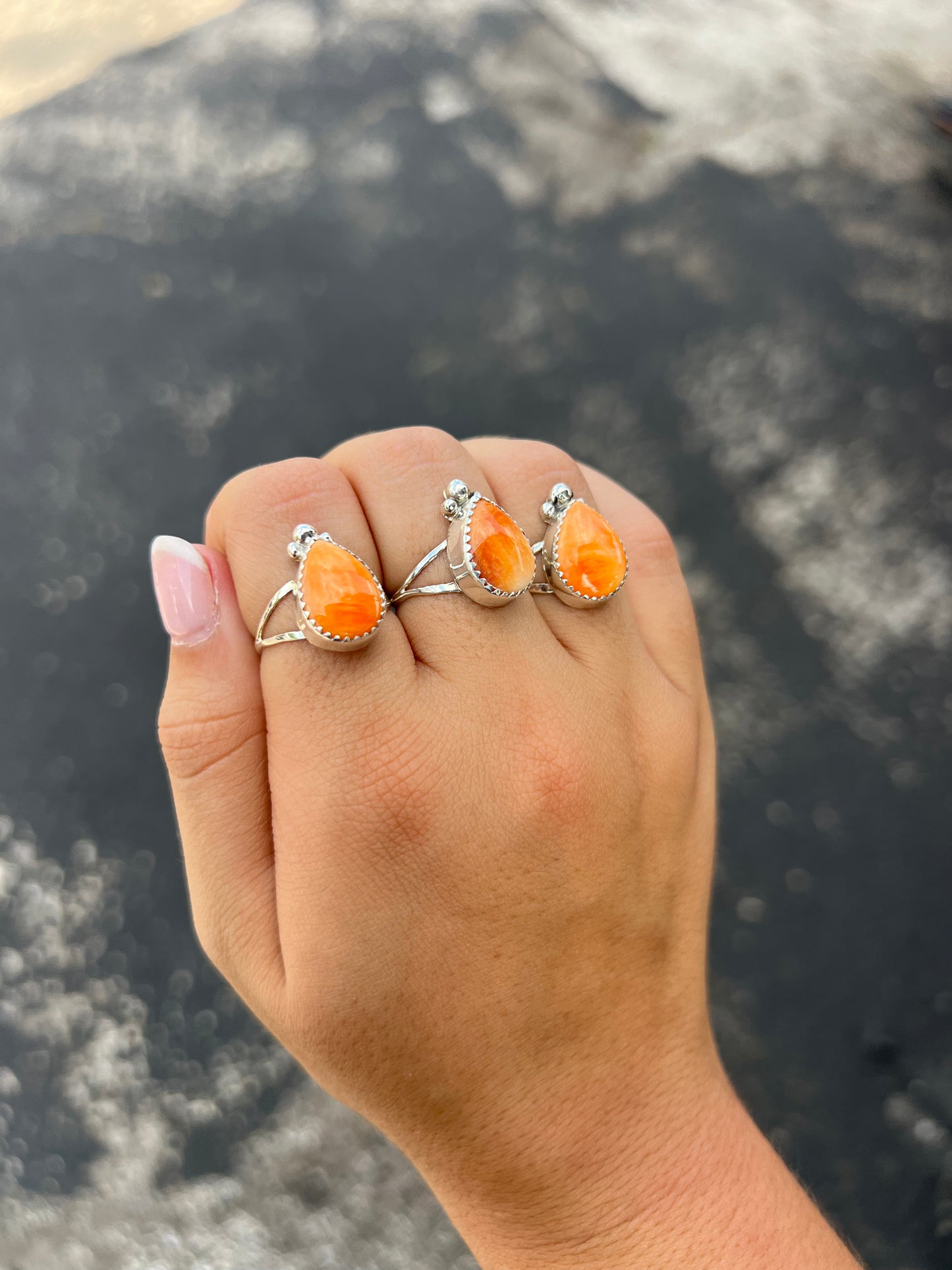 Genuine Orange Spiny Oyster Teardrop Sterling Silver Ring