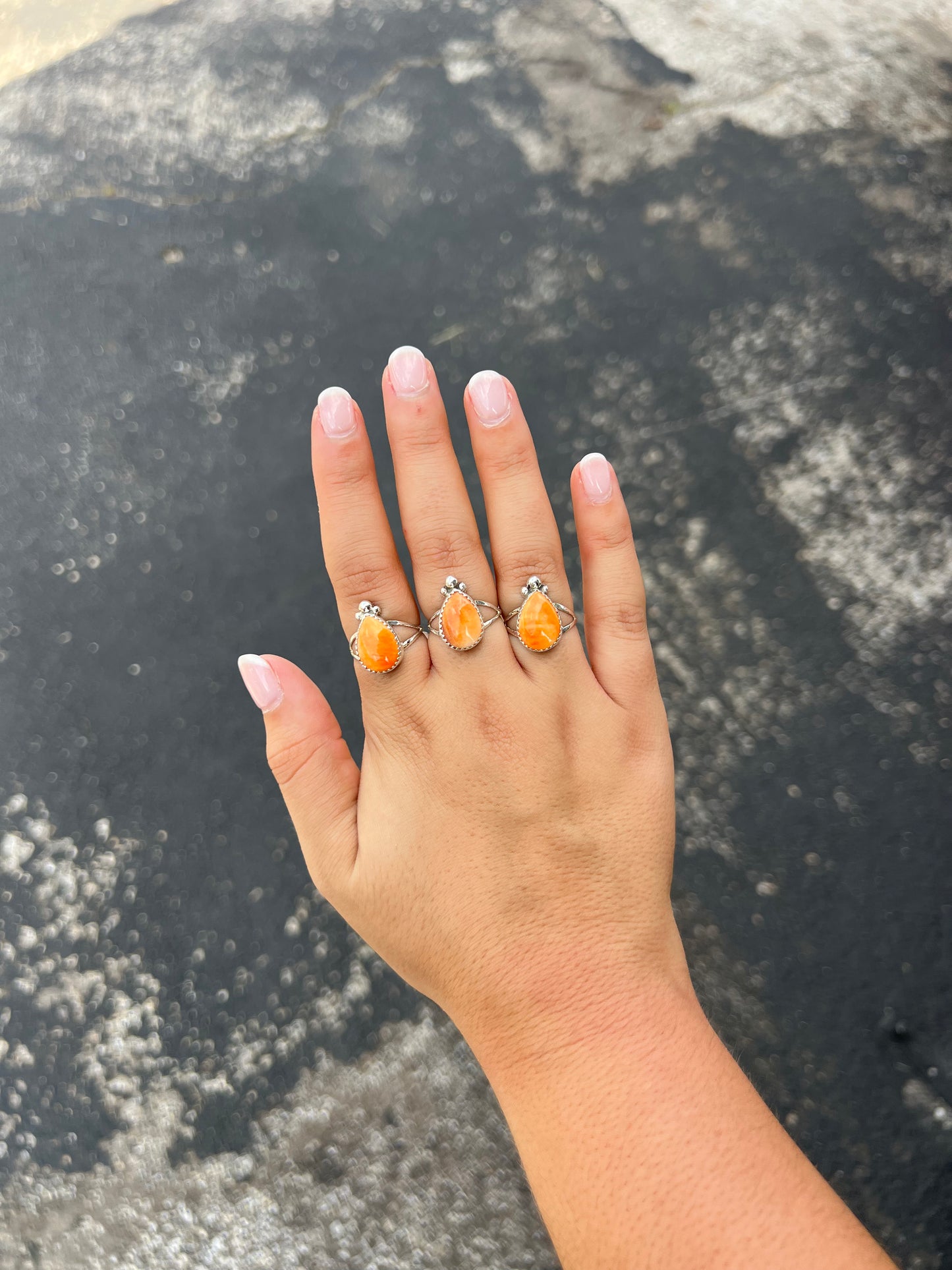 Genuine Orange Spiny Oyster Teardrop Sterling Silver Ring
