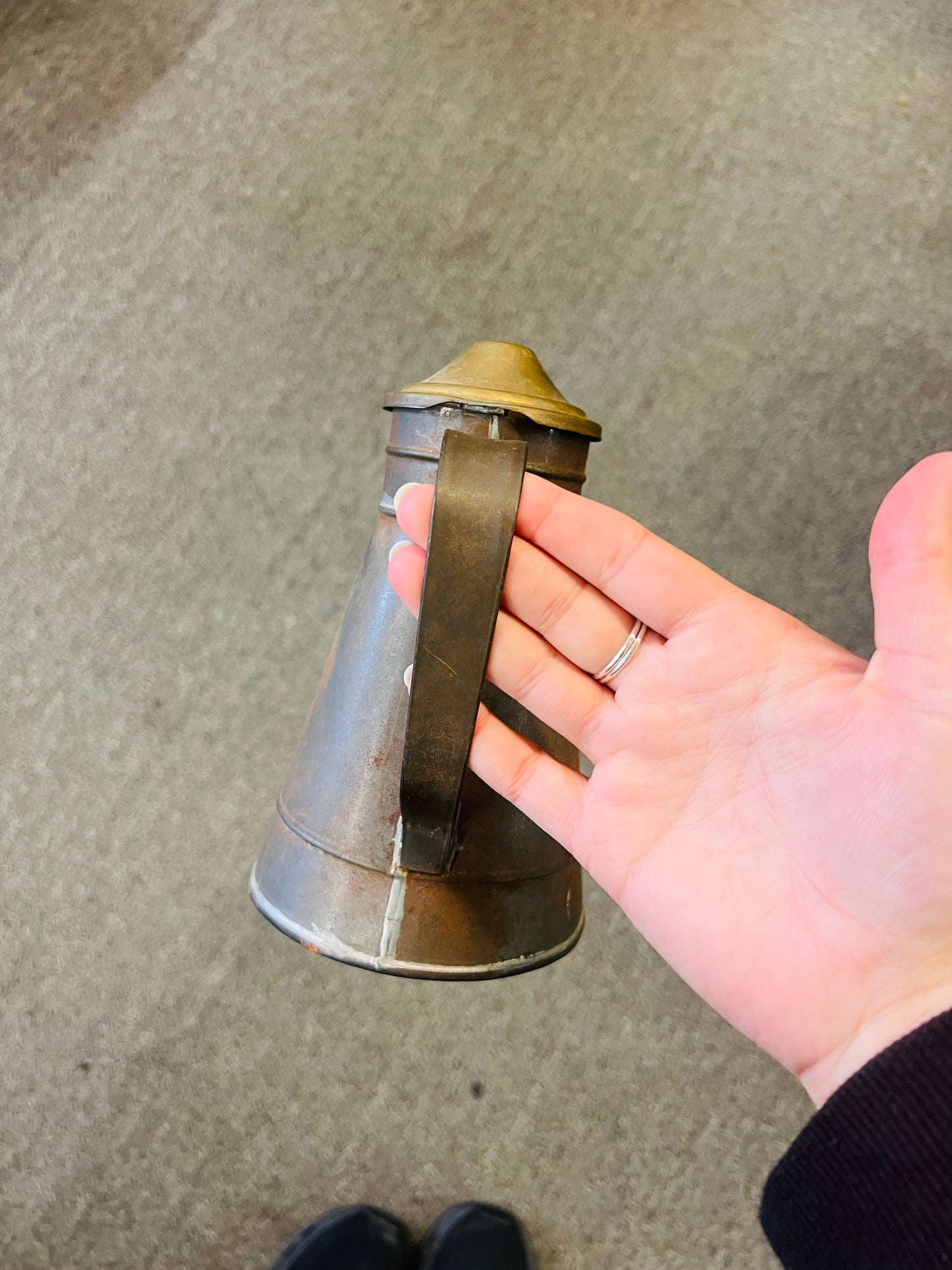 Vintage Tin Tole Pouring Vessel for Kerosine or Whale Oil Lamps Brass top