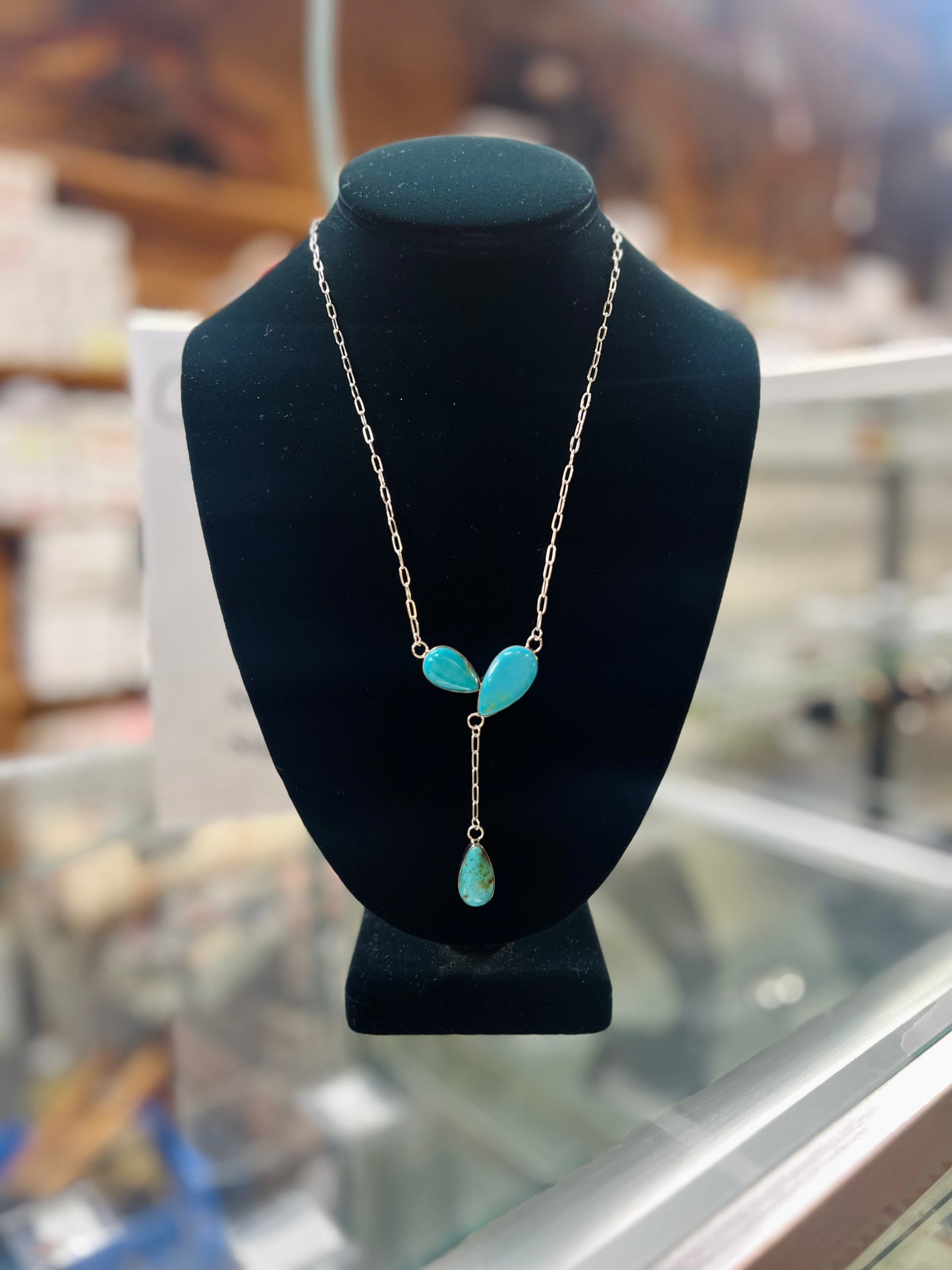 Kingman Turquoise 3 Stone Dangle Necklace