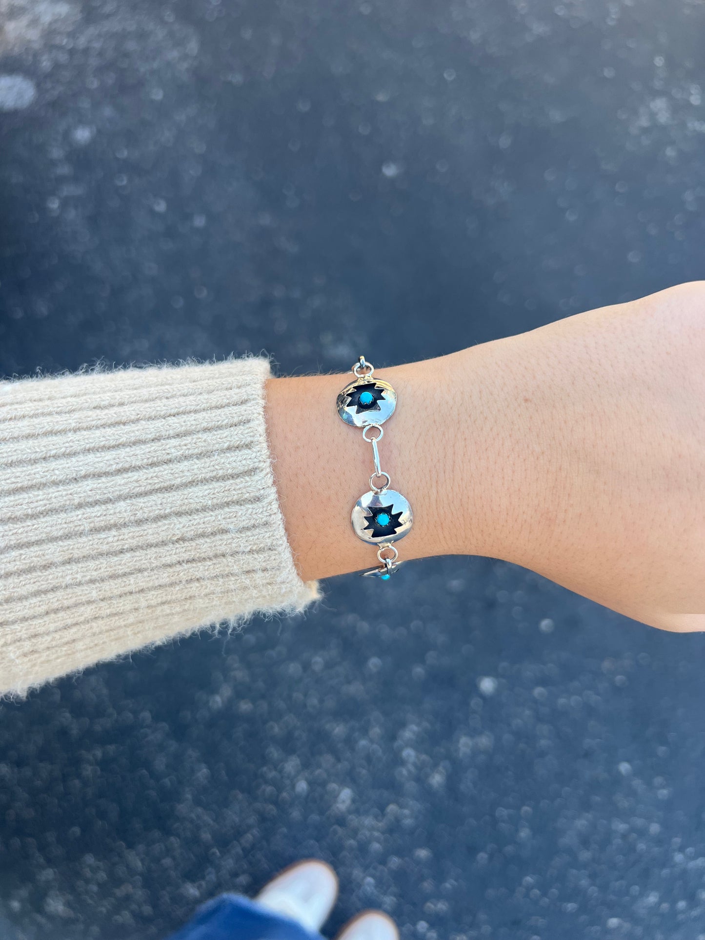 Genuine Turquoise and Sterling Silver Aztec Shadowbox Link Bracelet