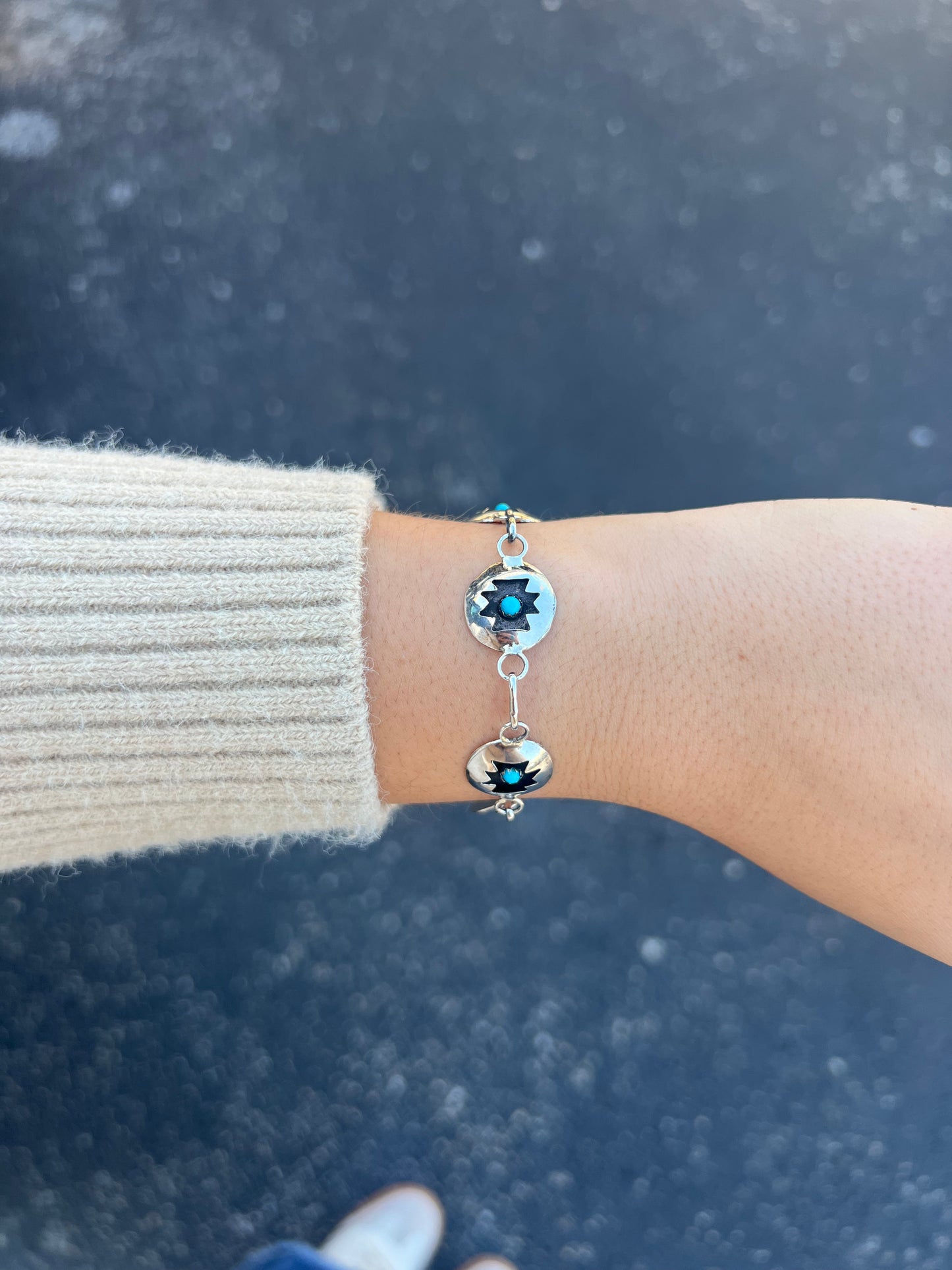 Genuine Turquoise and Sterling Silver Aztec Shadowbox Link Bracelet