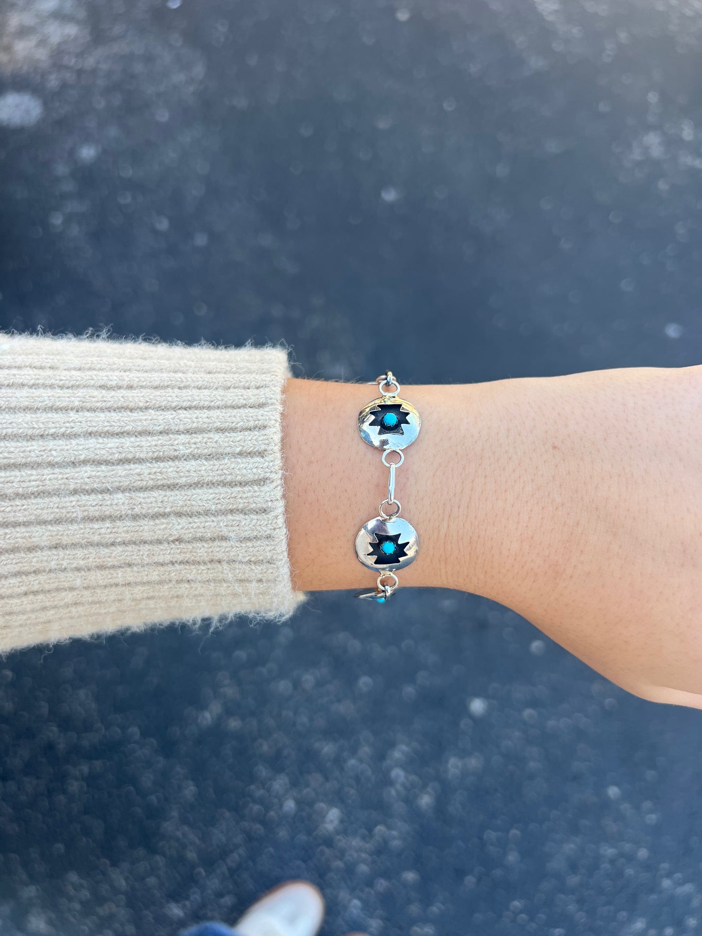 Genuine Turquoise and Sterling Silver Aztec Shadowbox Link Bracelet