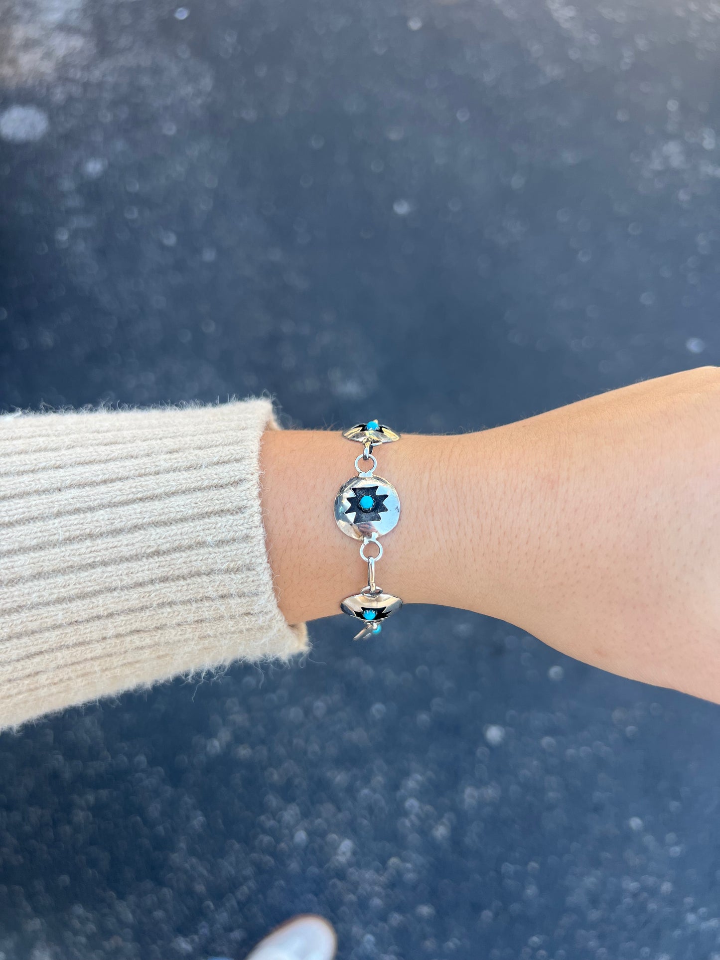 Genuine Turquoise and Sterling Silver Aztec Shadowbox Link Bracelet