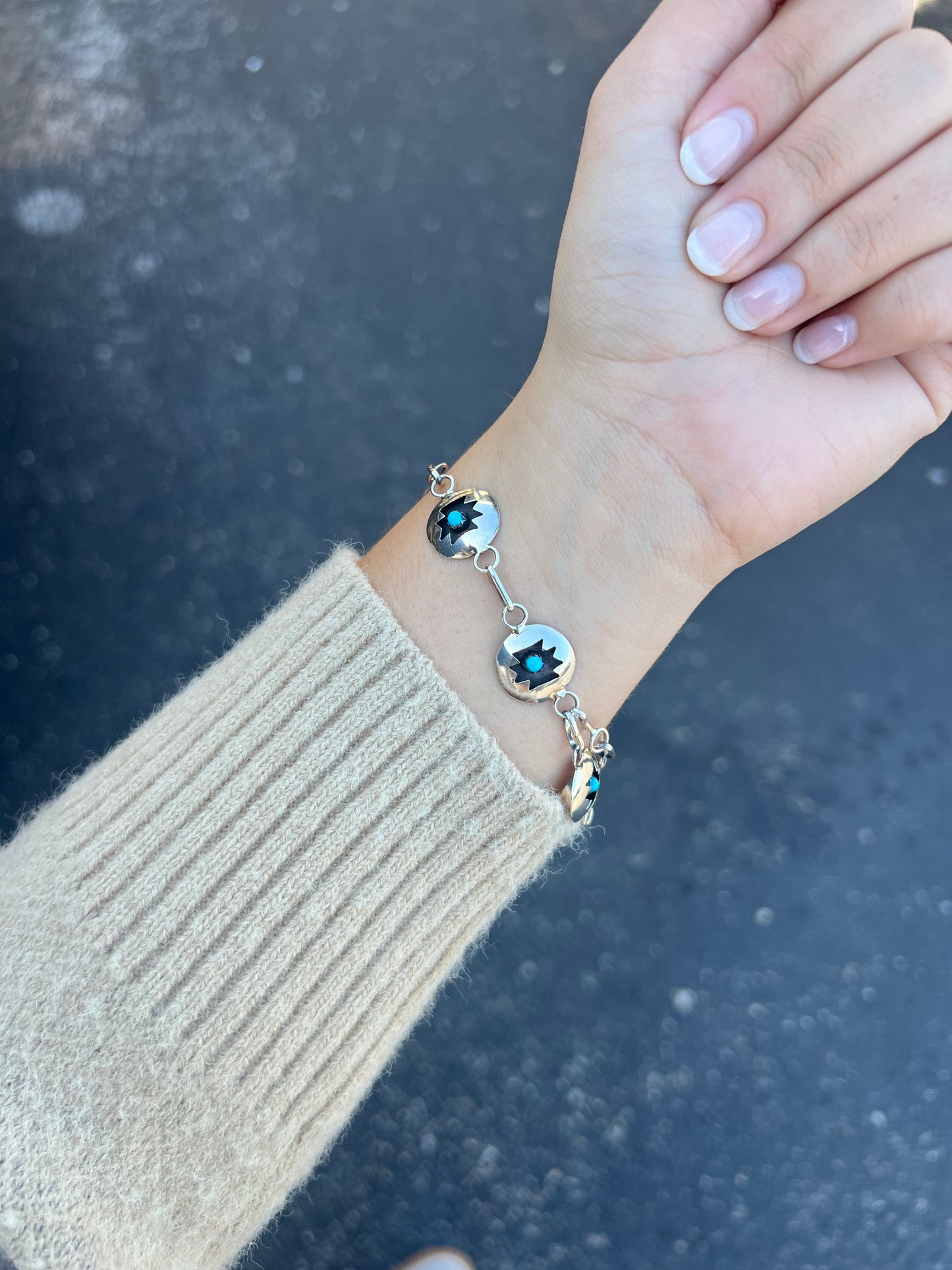 Genuine Turquoise and Sterling Silver Aztec Shadowbox Link Bracelet