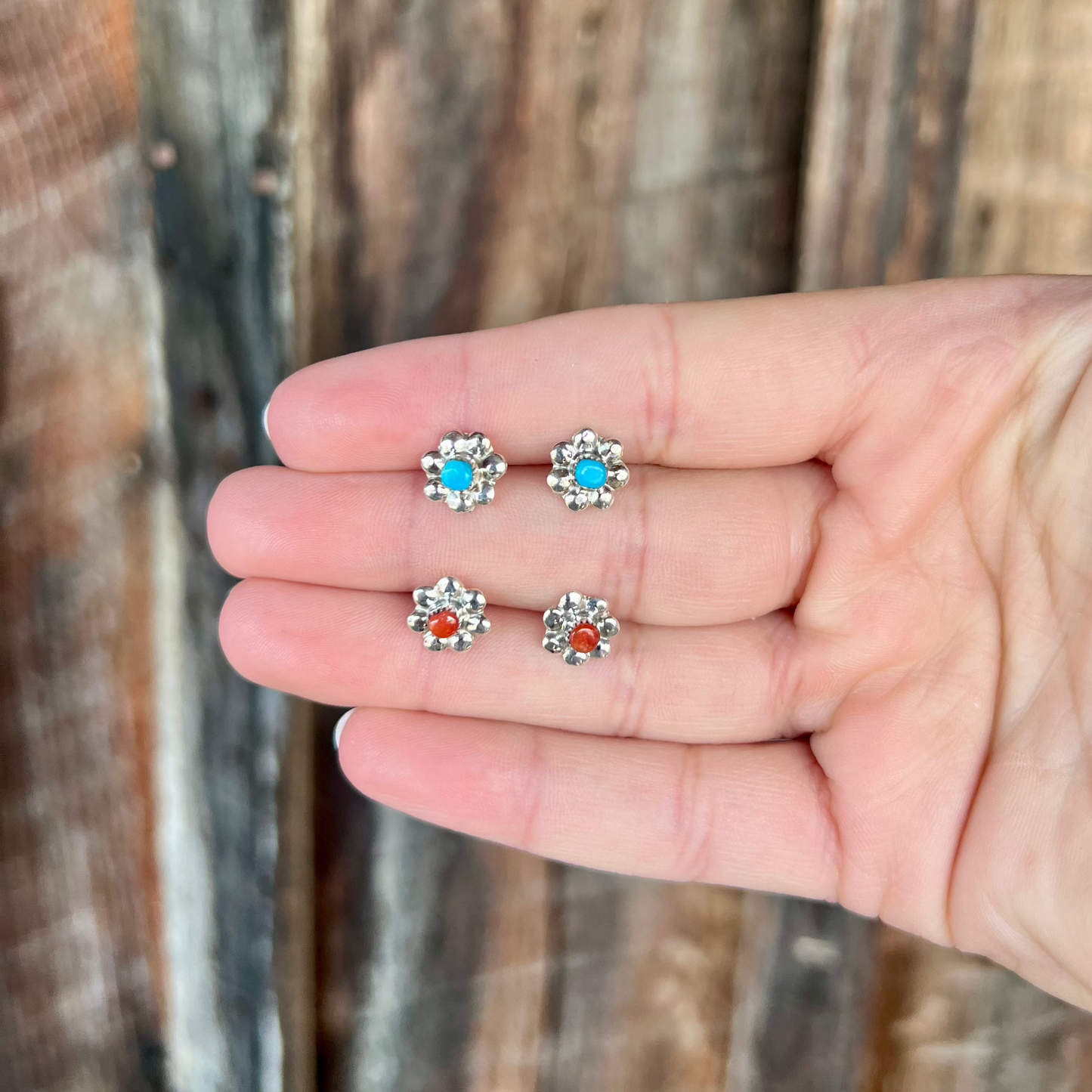 Sterling Silver Flower with Genuine Turquoise Stud Earrings