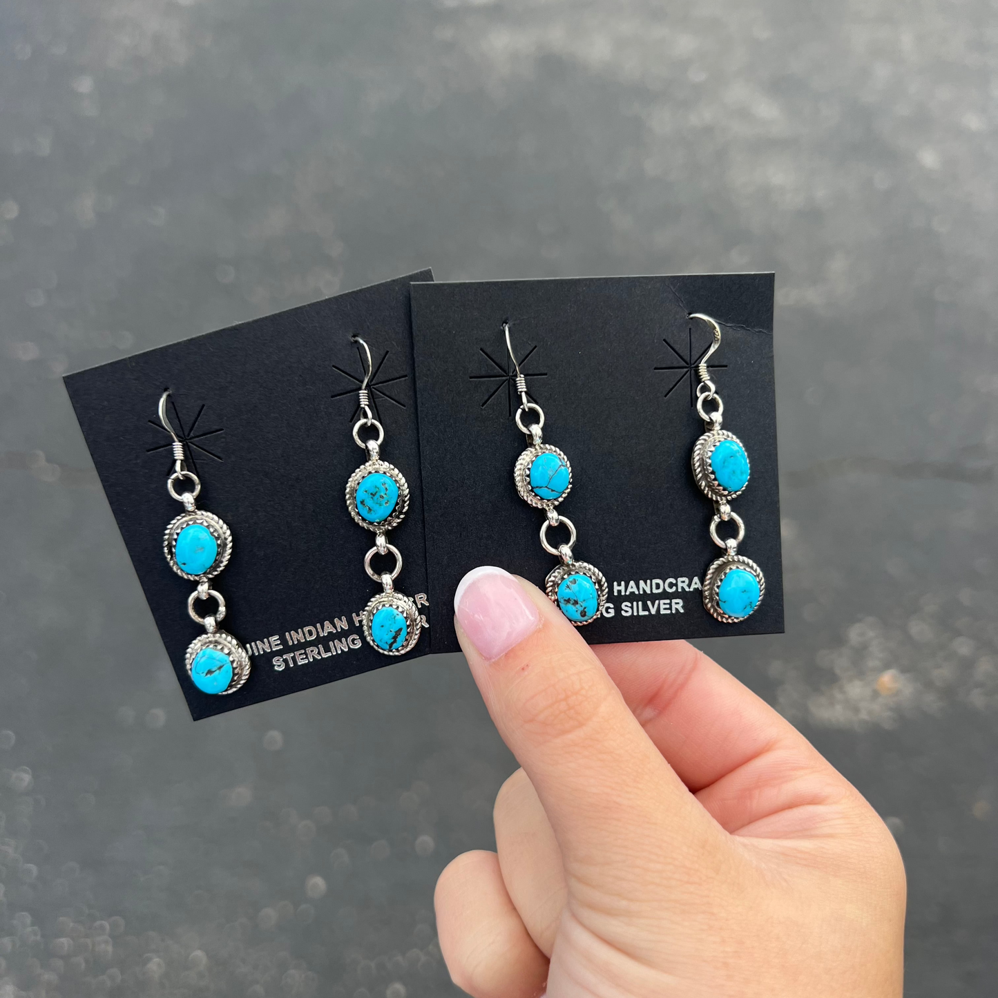 Genuine Kingman Turquoise 2 Stone Sterling Silver Dangle Earrings