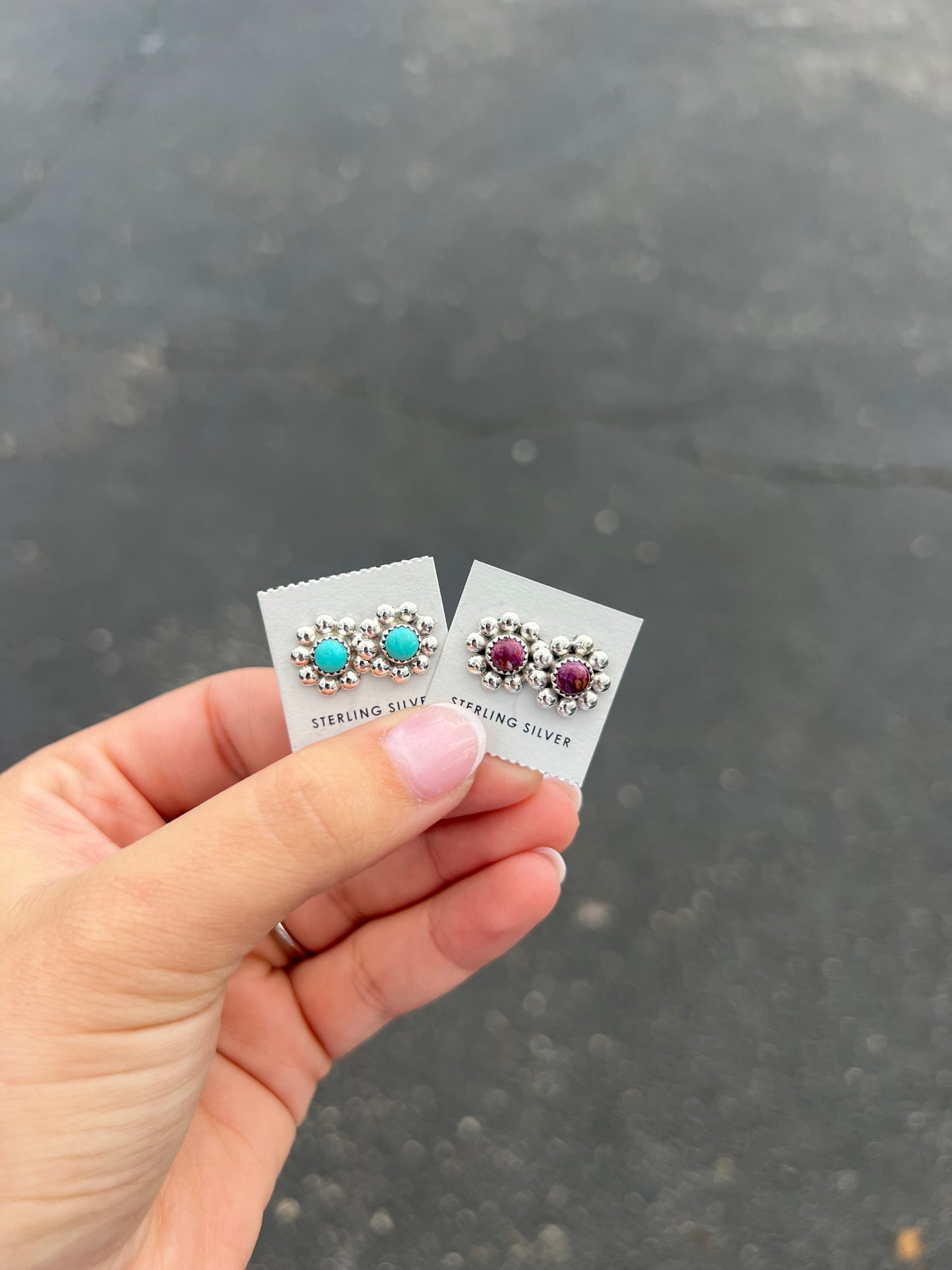 Genuine Turquoise or Spiny Oyster Sterling Silver Flower Earrings