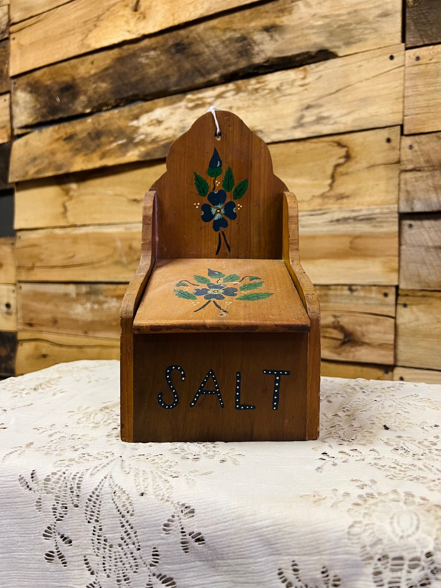 Vintage Hand Painted Wooden Salt Box with Flip Lid