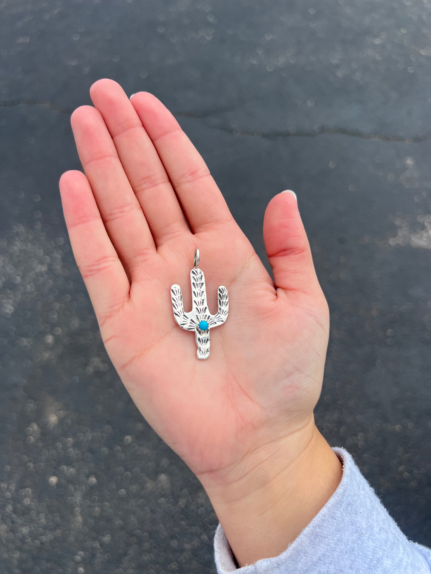 Genuine Kingman Turquoise Sterling Silver Cactus Pendant