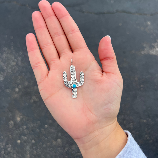 Genuine Kingman Turquoise Sterling Silver Cactus Pendant