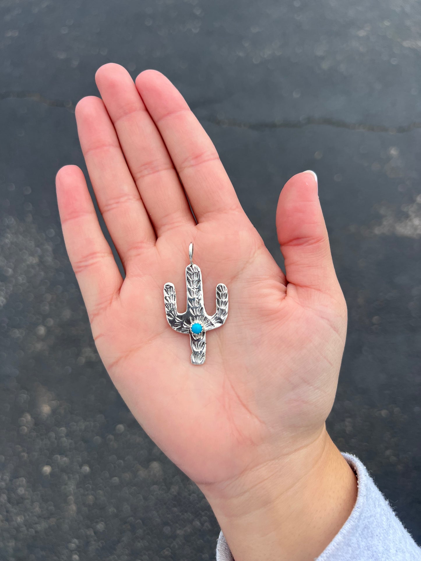 Genuine Kingman Turquoise Sterling Silver Cactus Pendant