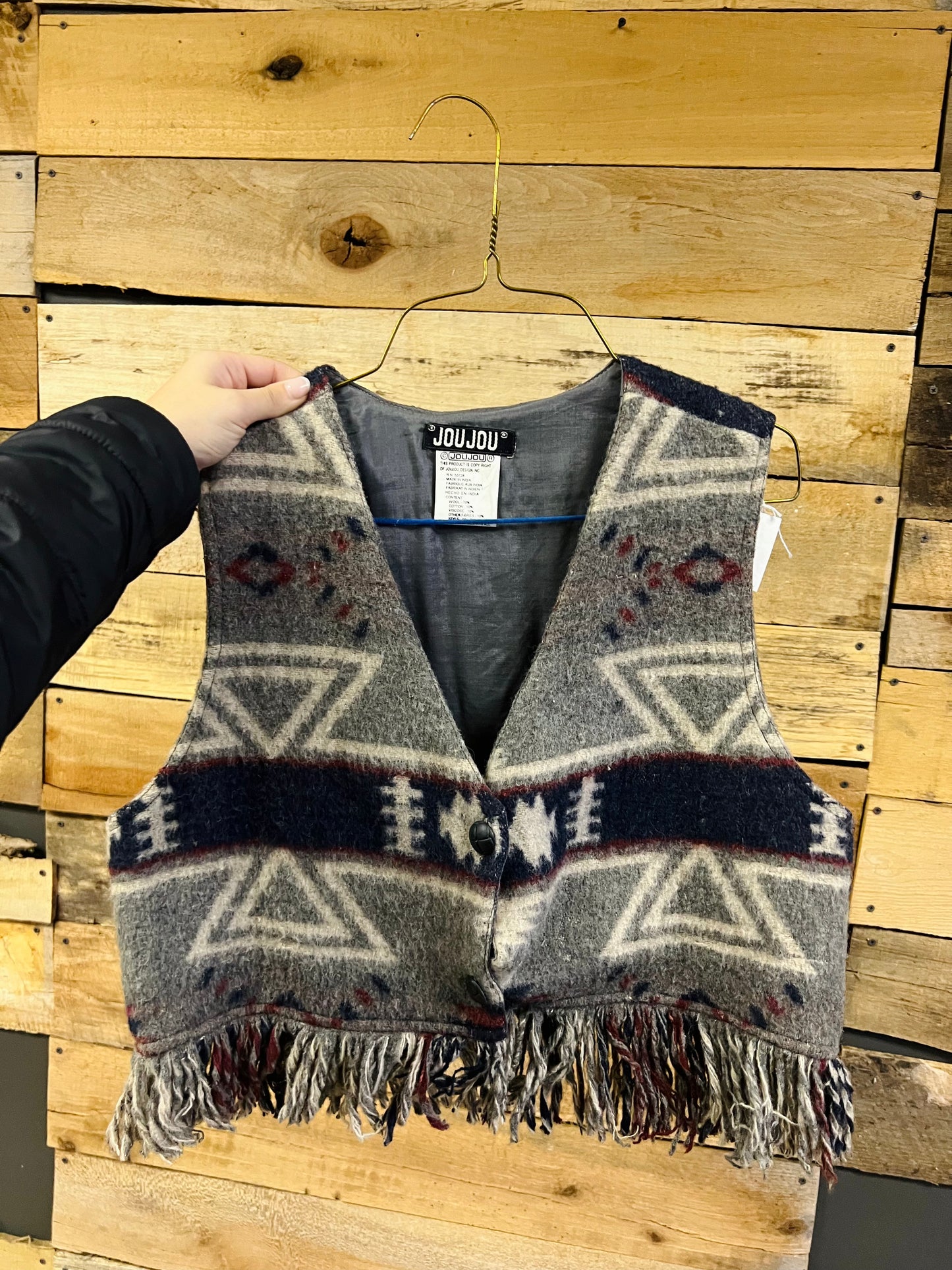 Vintage JouJou Southwestern Fringed Wool Blend Vest - Navy Aztec Print