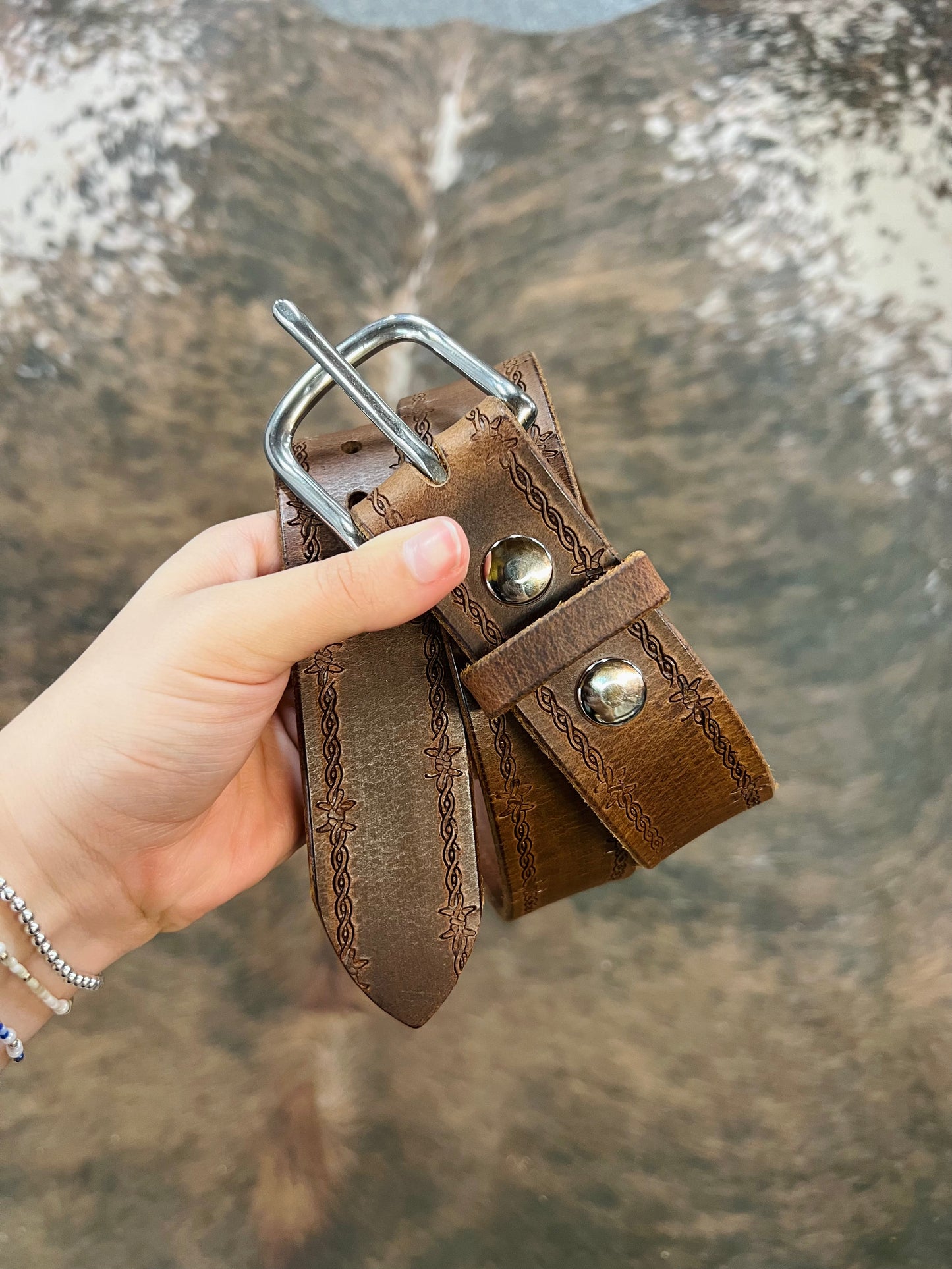 Genuine Leather Belt with Wire Detail and Stainless Steel Buckle - Amish Made
