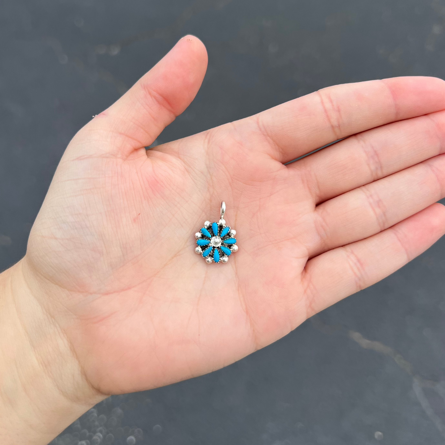 Genuine Turquoise Sterling Silver Petti Point Flower Cluster Pendant