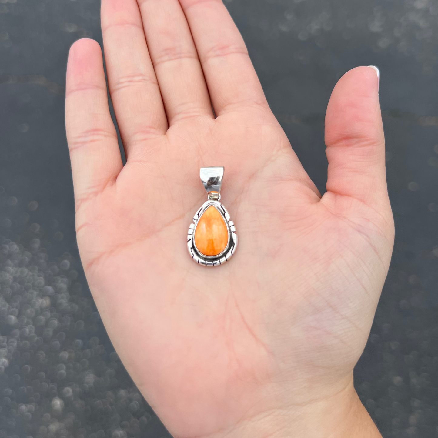 Authentic Orange Spiny Oyster Teardrop Sterling Silver Pendant