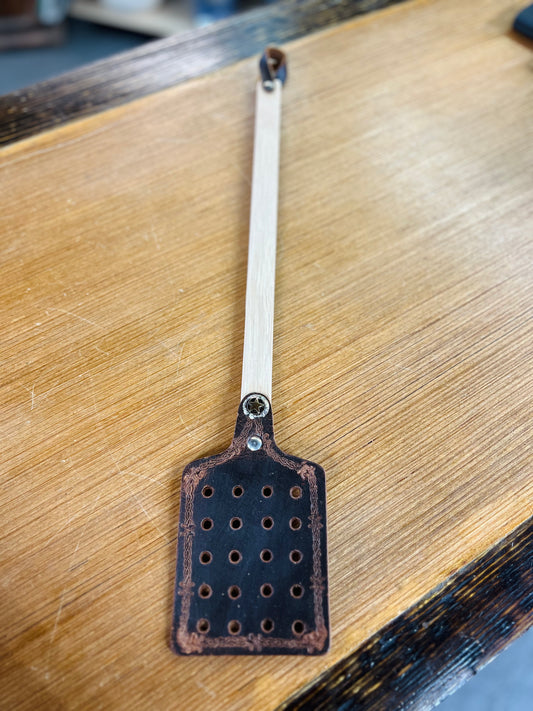 Local Amish Made Genuine Leather Fly Swatter with Wood Handle - Star and Barbwire