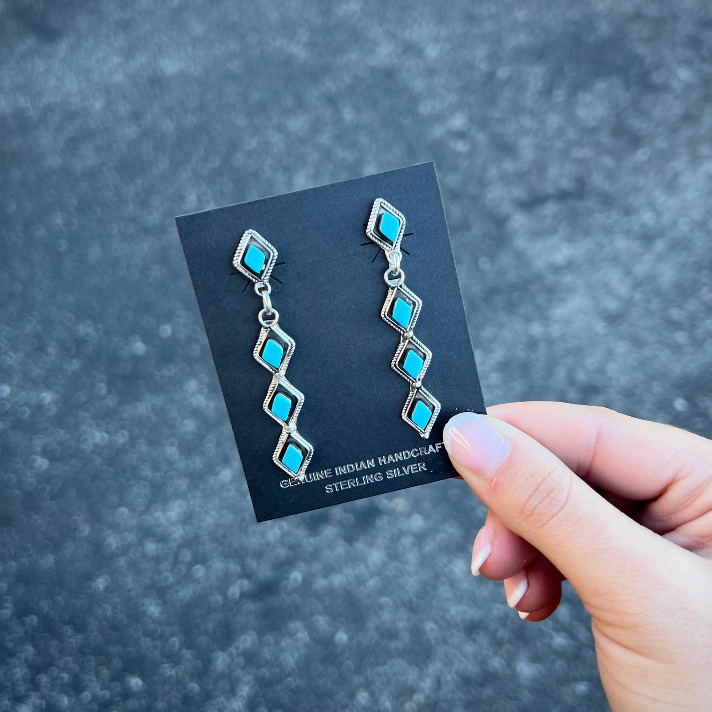 4 Stone Inlay Turquoise Diamond Sterling Silver Dangle Earrings