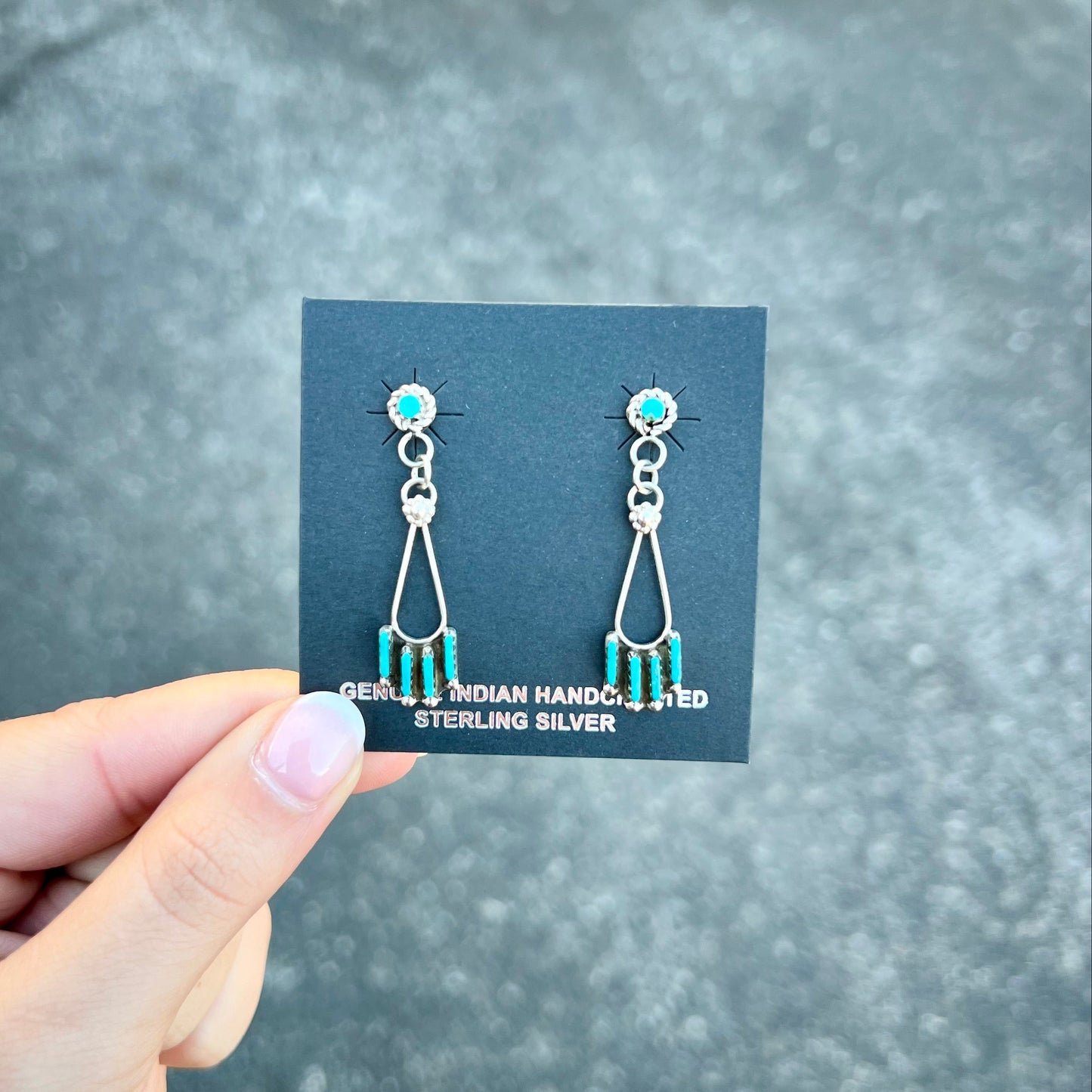 Zuni Turquoise Stud and Needlepoint Dangle Earrings