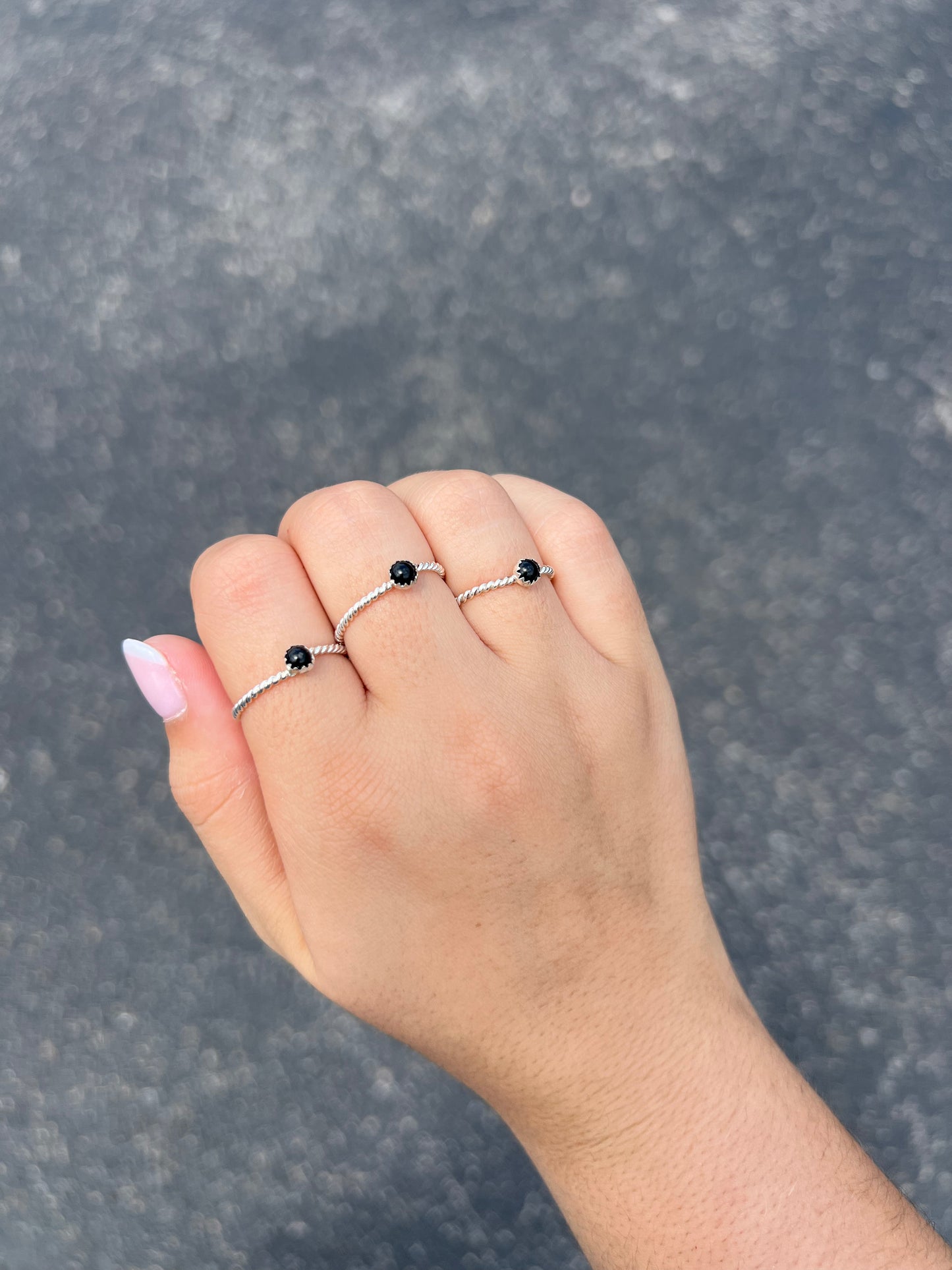 Genuine Black Onyx Mini Stud Twisted Sterling Silver Ring