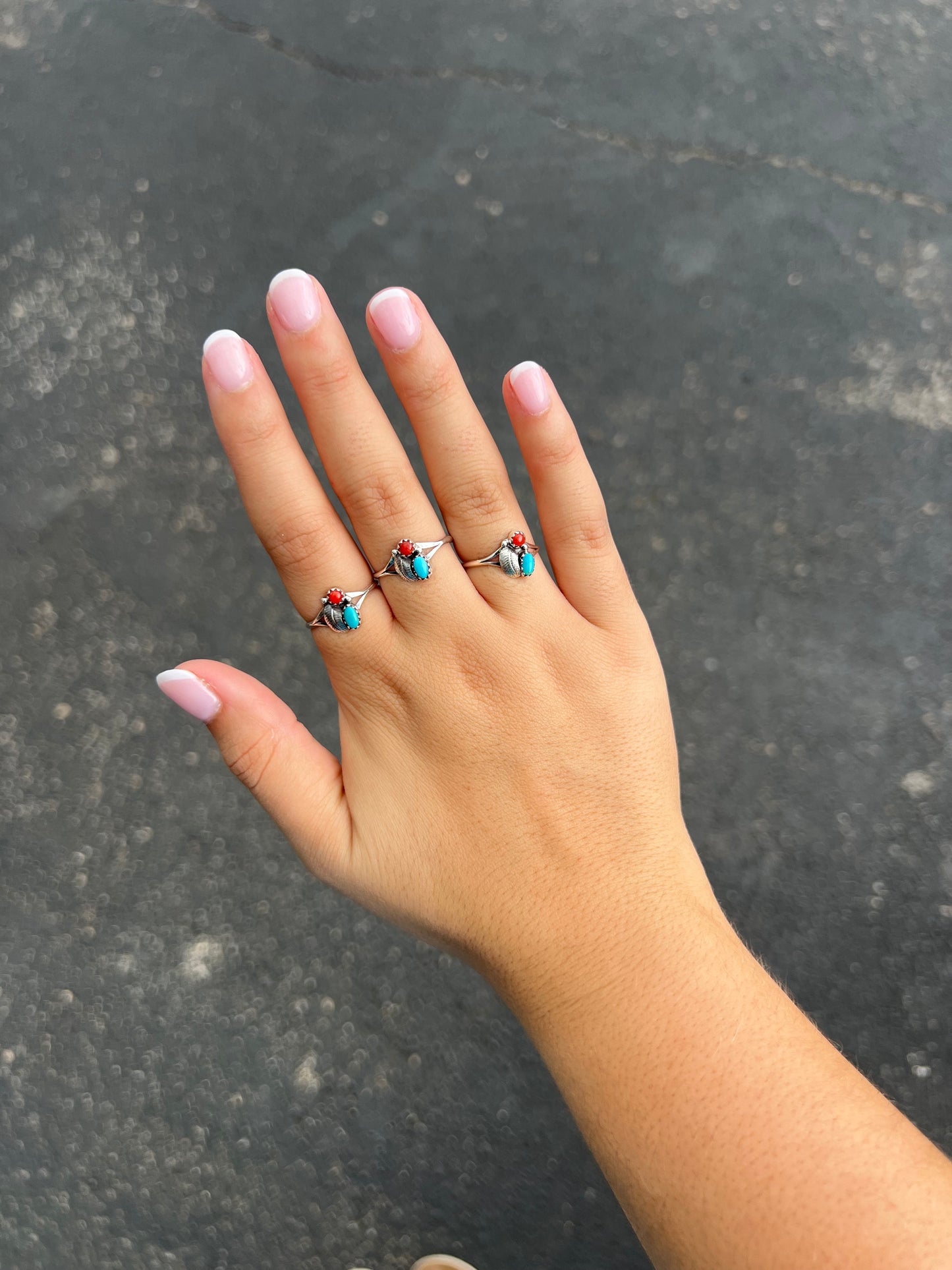 Genuine Turquoise and Coral Leaf Sterling Silver Ring