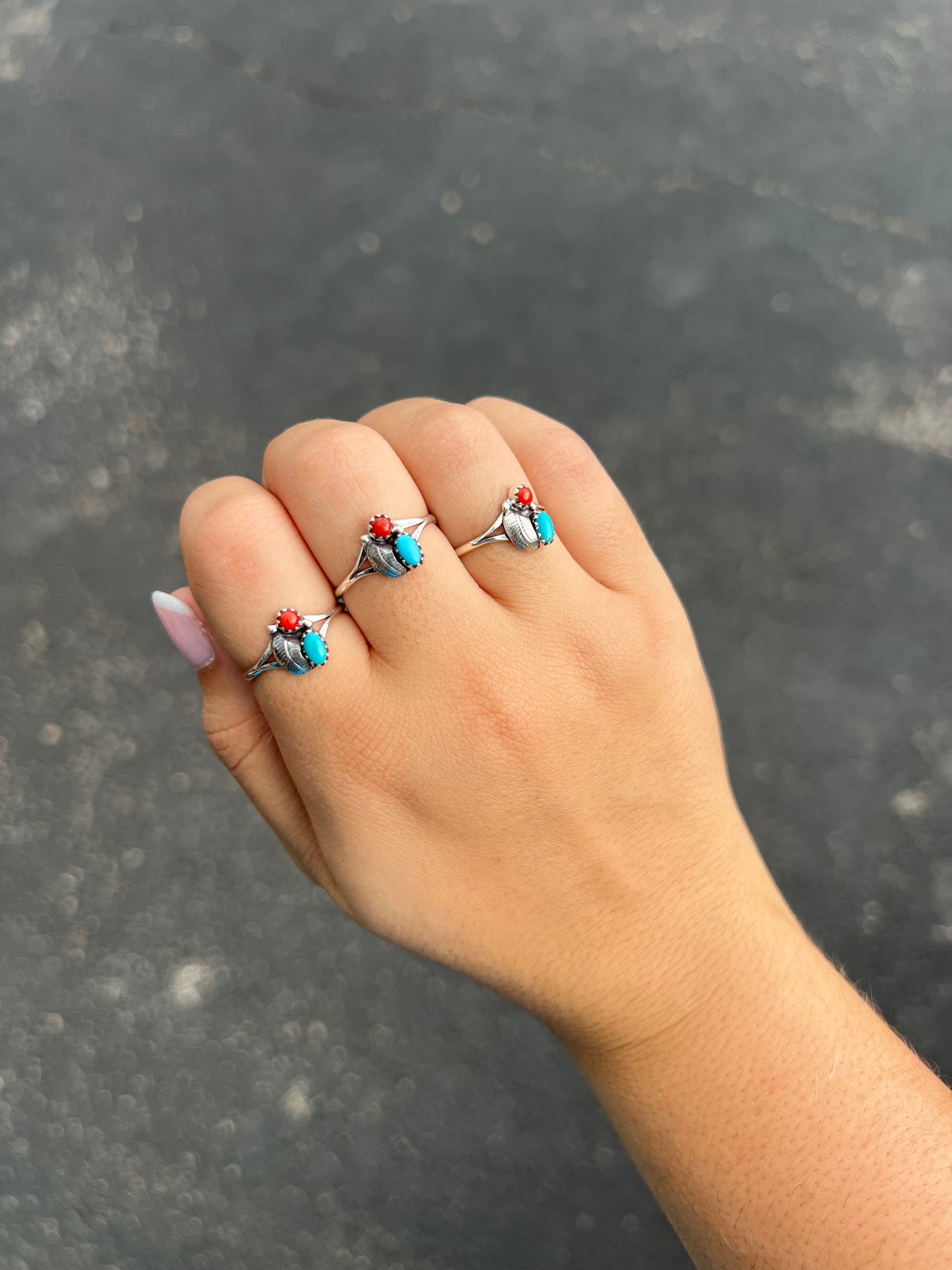 Genuine Turquoise and Coral Leaf Sterling Silver Ring