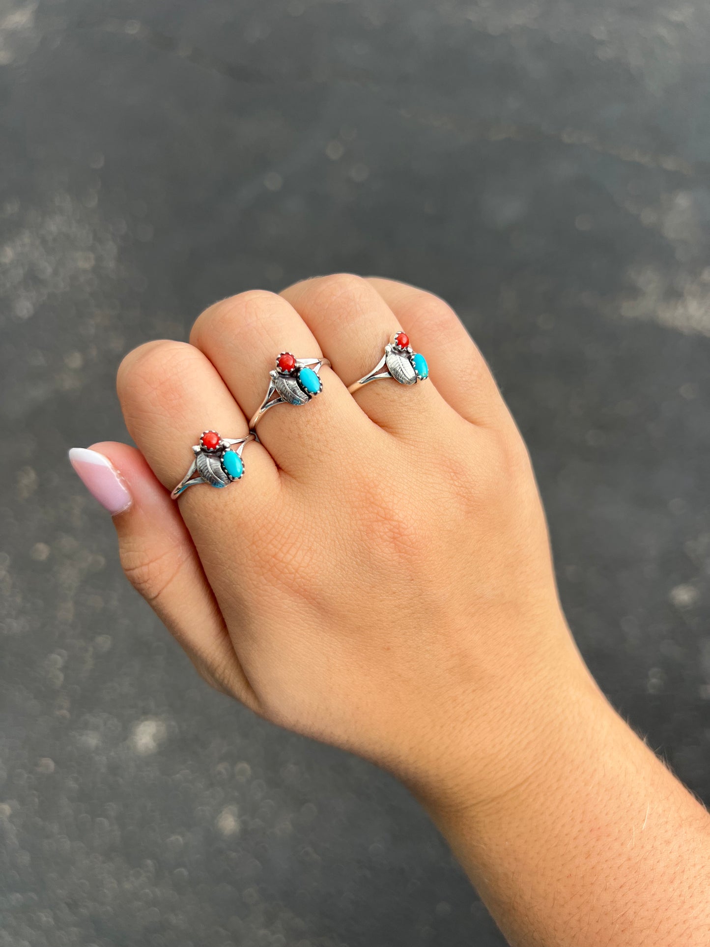 Genuine Turquoise and Coral Leaf Sterling Silver Ring