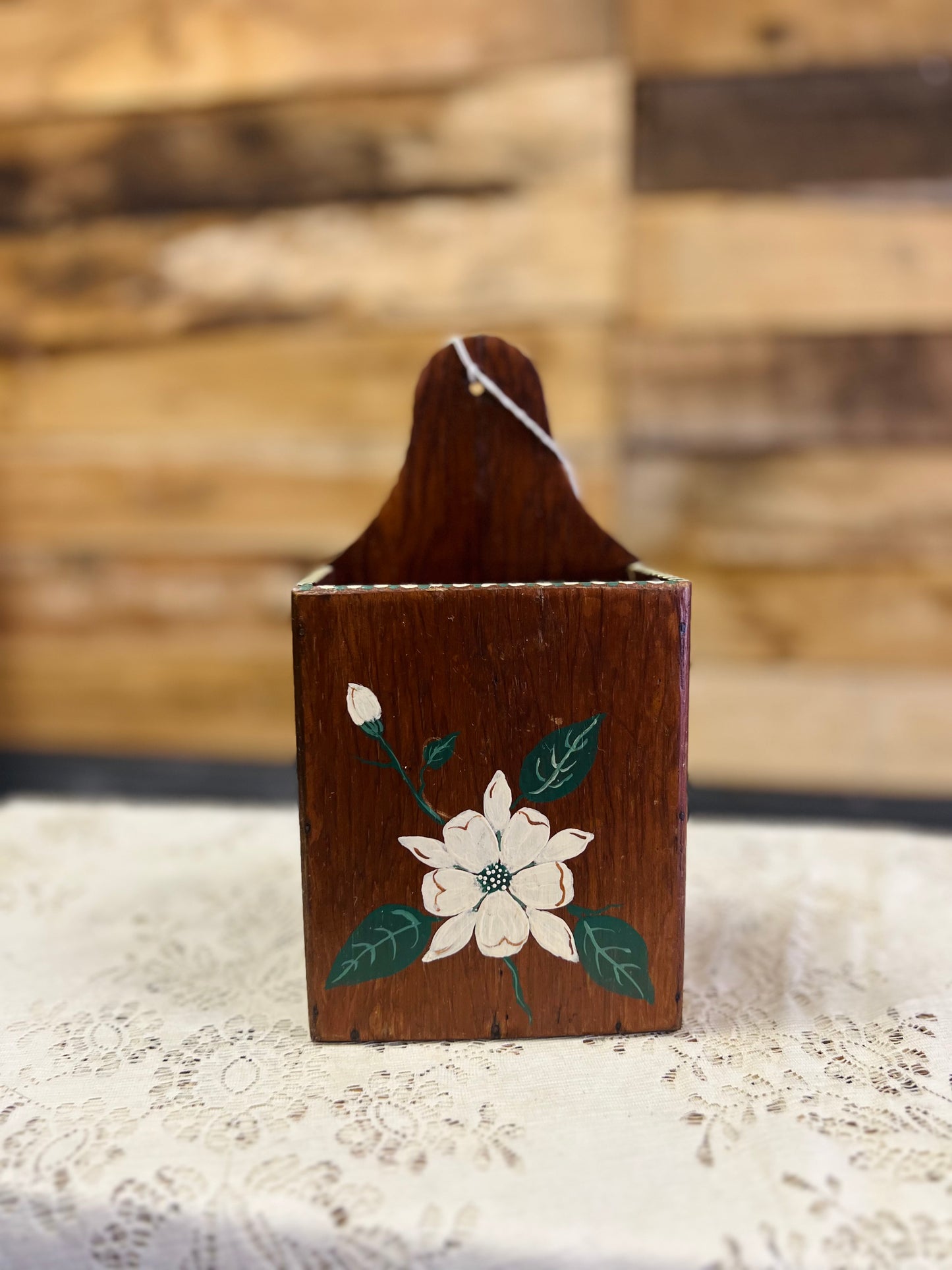 Vintage Wooden Wall Pocket with Floral Design