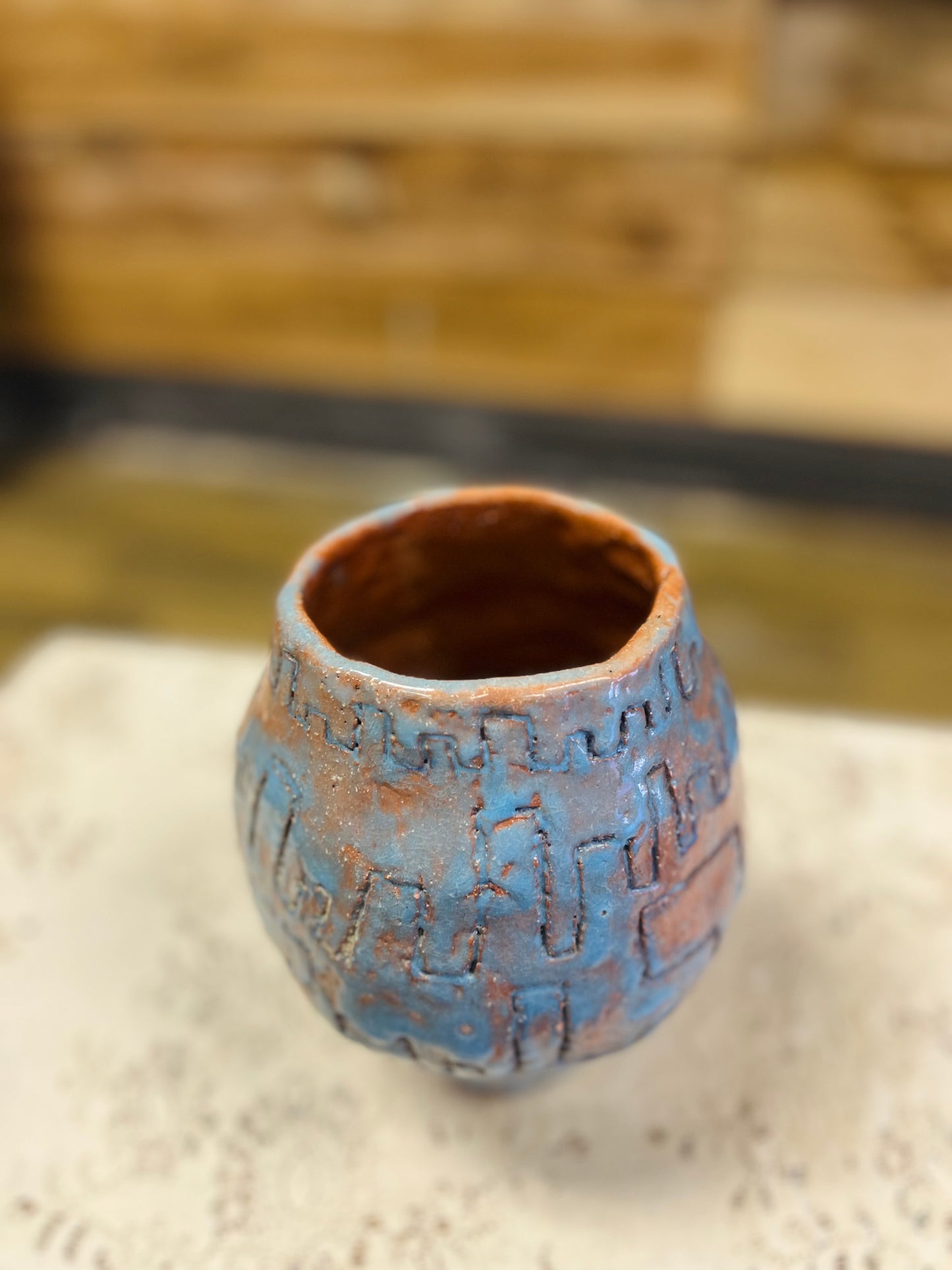 Old Handmade Blue and Orange Pottery Vase