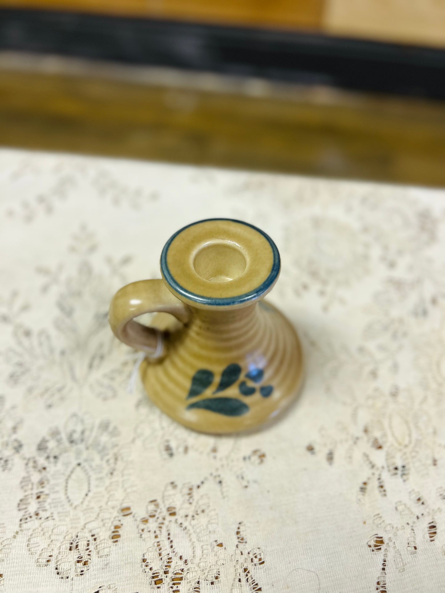 Vintage Pfaltzgraff Tan and Blue Candle Holder