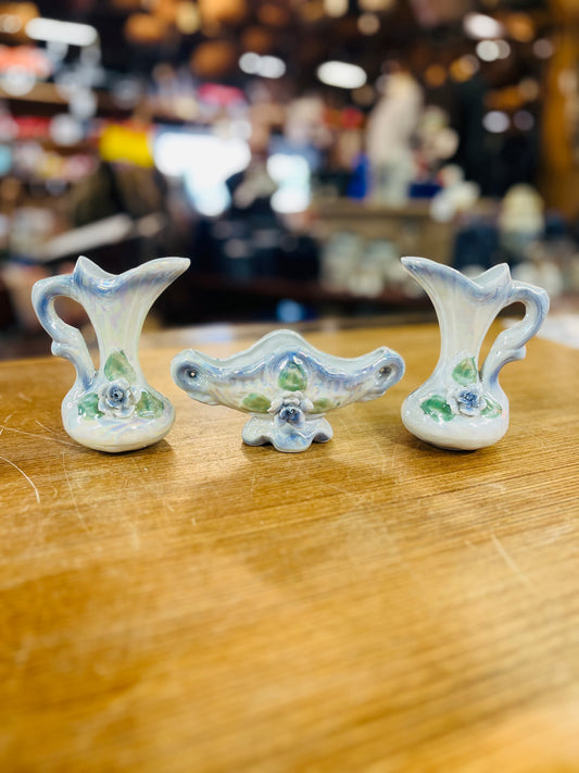 Vintage Lusterware Two Pitchers & Candy Dish with White Iridescent Glaze and Blue Rose Design