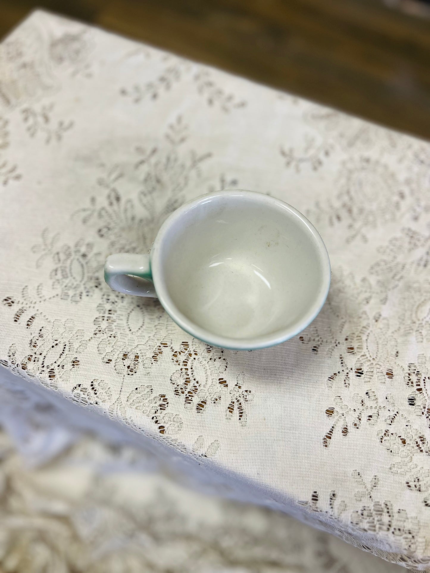 Vintage Buffalo China Mug with Turquoise Band on White Ceramic