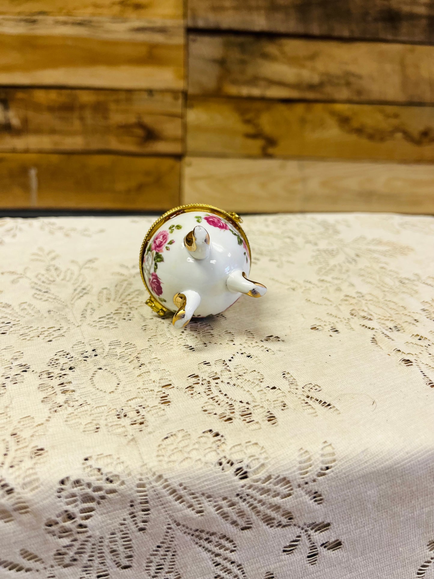 Vintage Egg Shaped Ceramic Trinket Box with Floral Designs