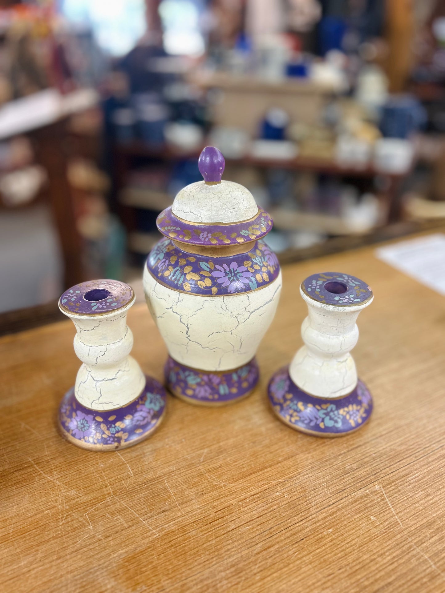 Vintage Hand Painted Ceramic Lidded Ginger Jar and Matching Candlesticks Set