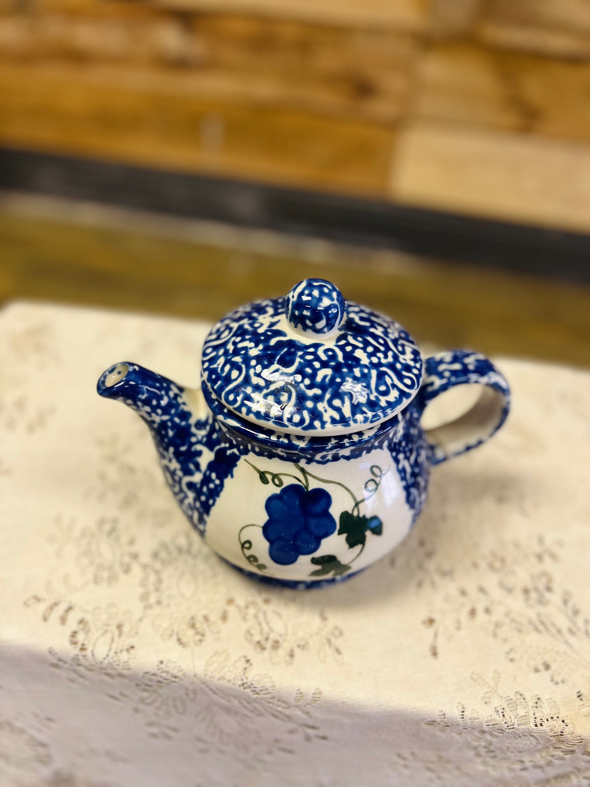 Vintage Blue Teapot With Grapes