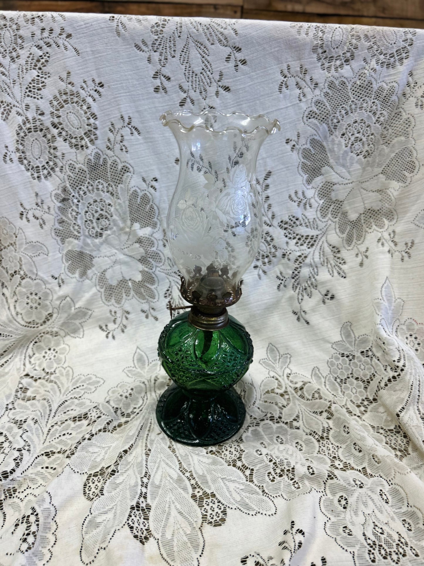 Vintage Green Glass With Floral Globe Lamp