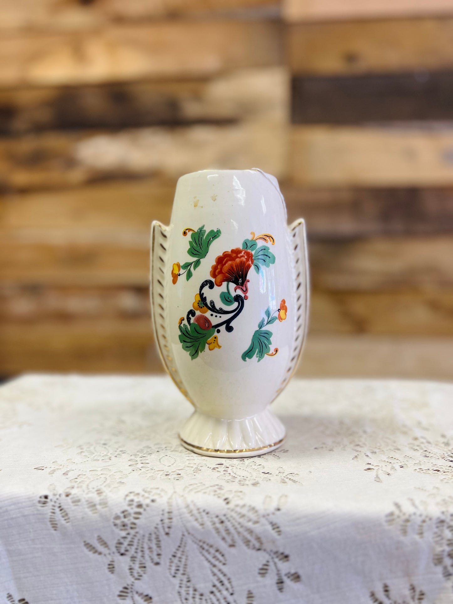 Vintage Ceramic Mantle Vase with Floral Design
