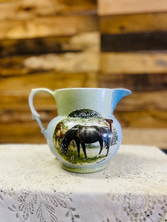 Vintage Ceramic Pitcher with Hand Painted Scene of Horse