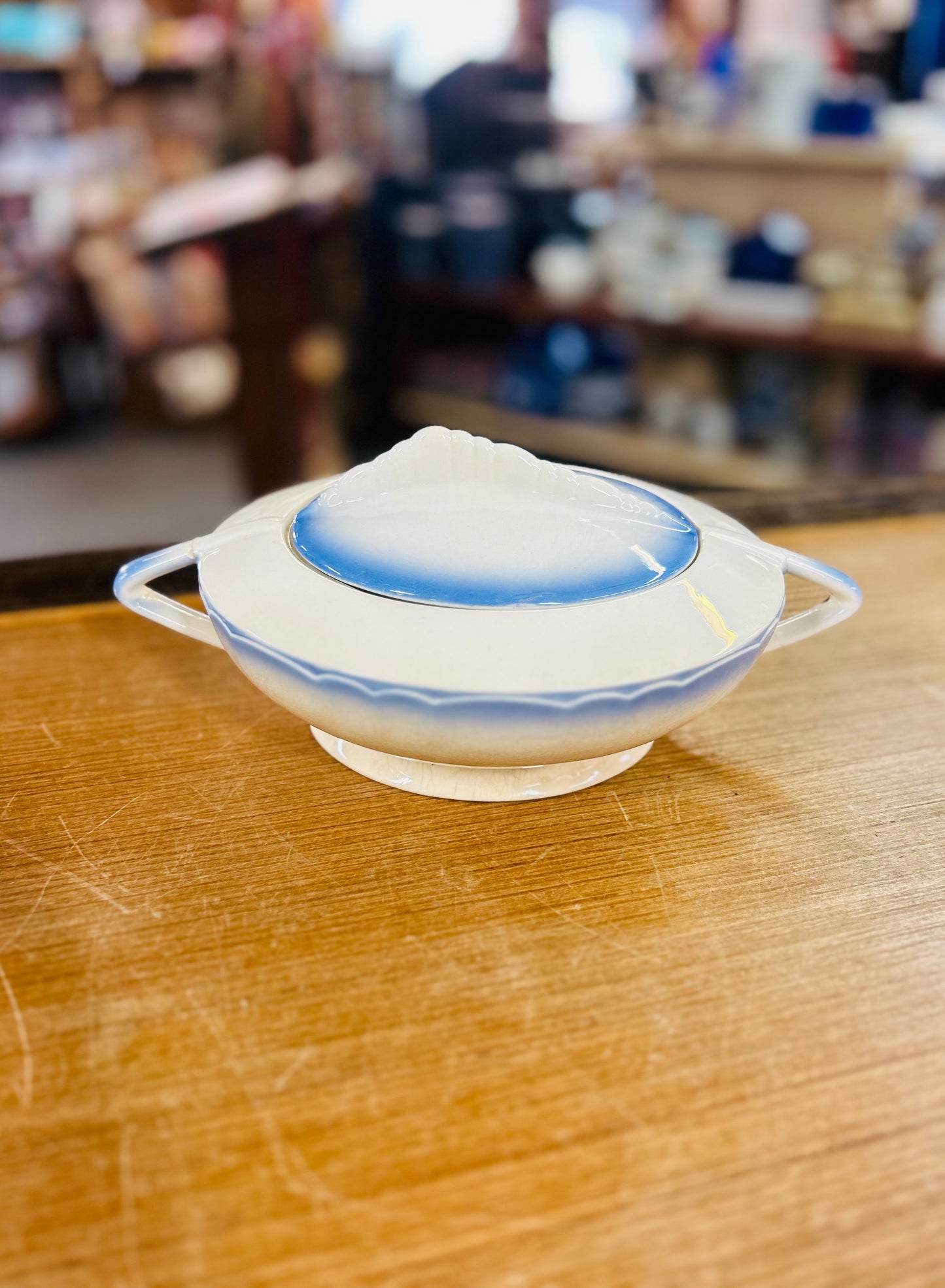 Vintage Very Old Lidded Blue Rim Gravy Bowl
