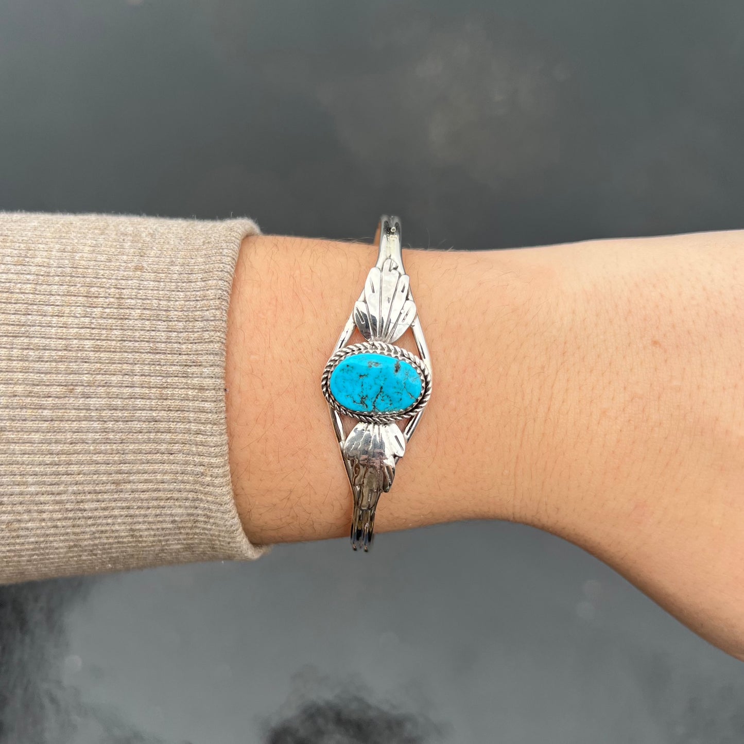 Kingman Turquoise and Sterling Silver Leaves Bracelet