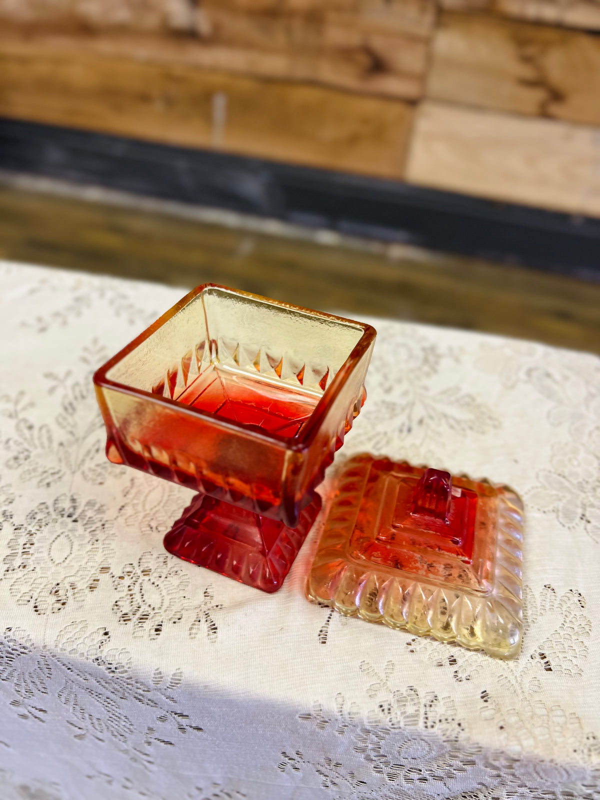Vintage Orange And Red Ambre Pedestal Dish