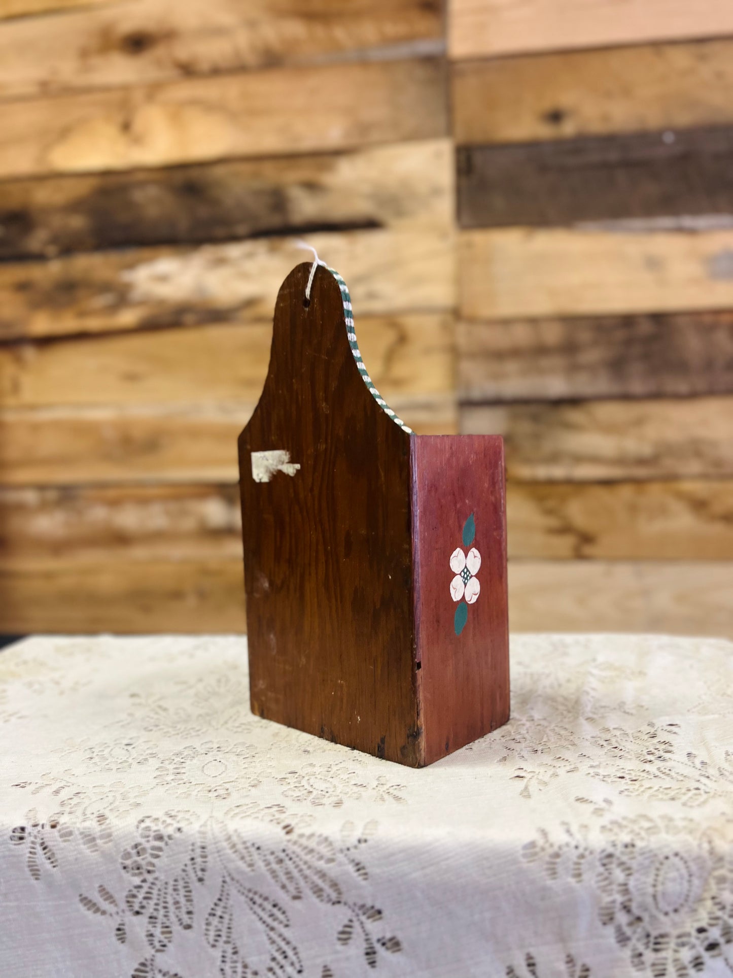 Vintage Wooden Wall Pocket with Floral Design