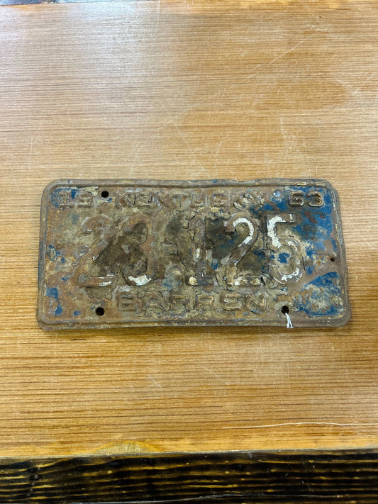 Vintage 1963 Kentucky Barren County Metal License Plate