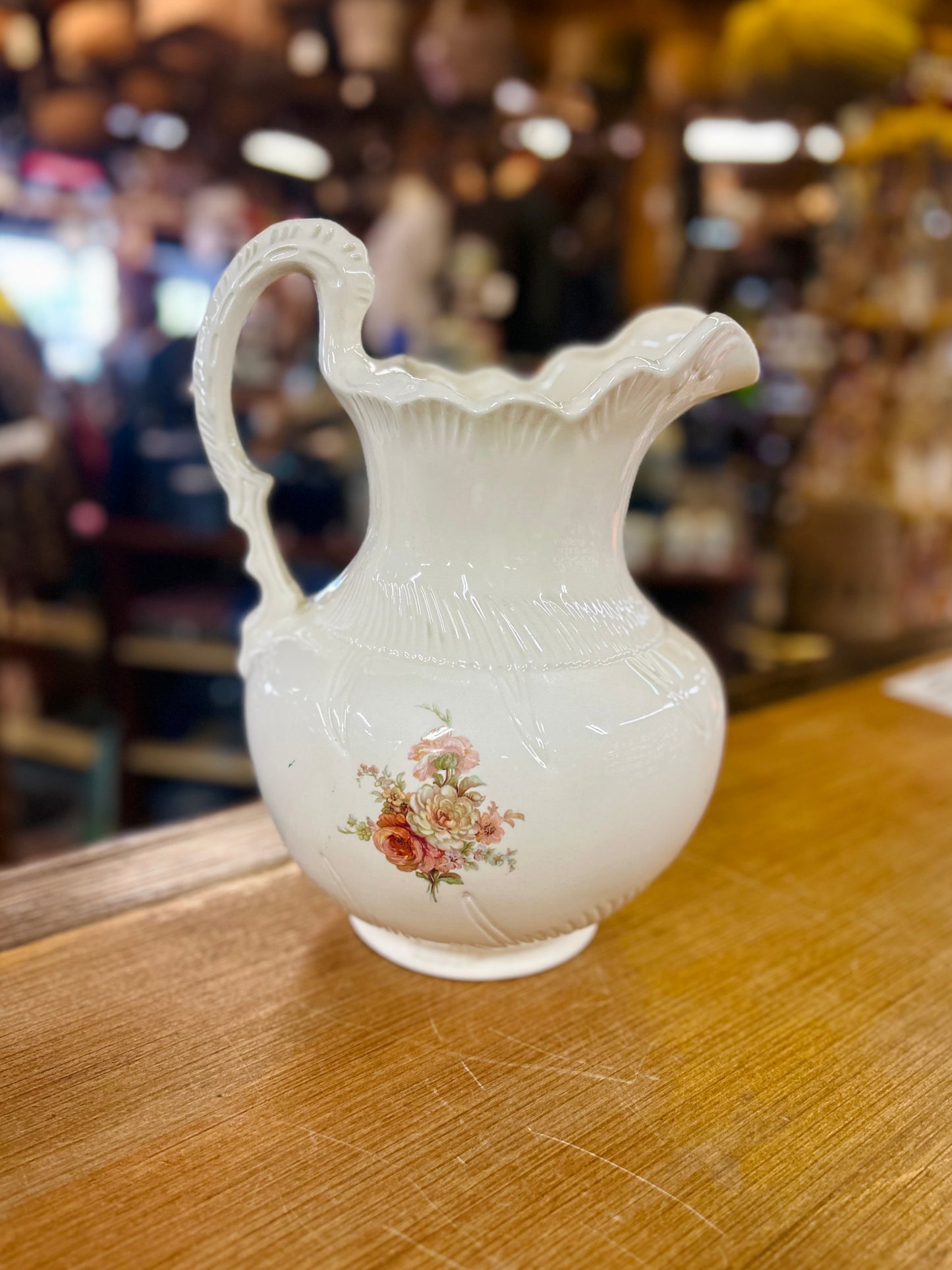 Vintage 1977 Hand Finished Large Pitcher with Floral Design