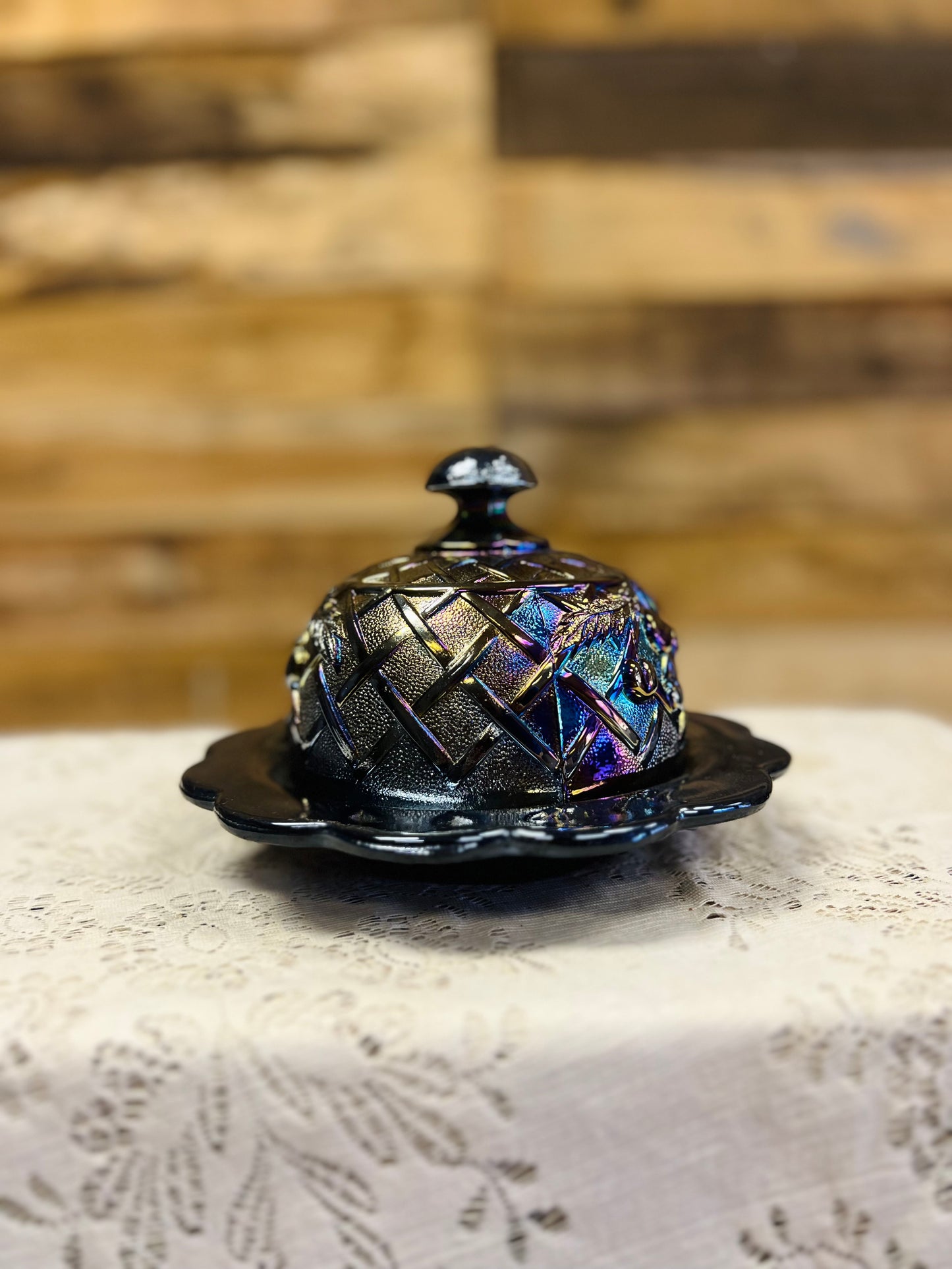 Vintage Mosser Carnvial Glass Covered Butter Dish