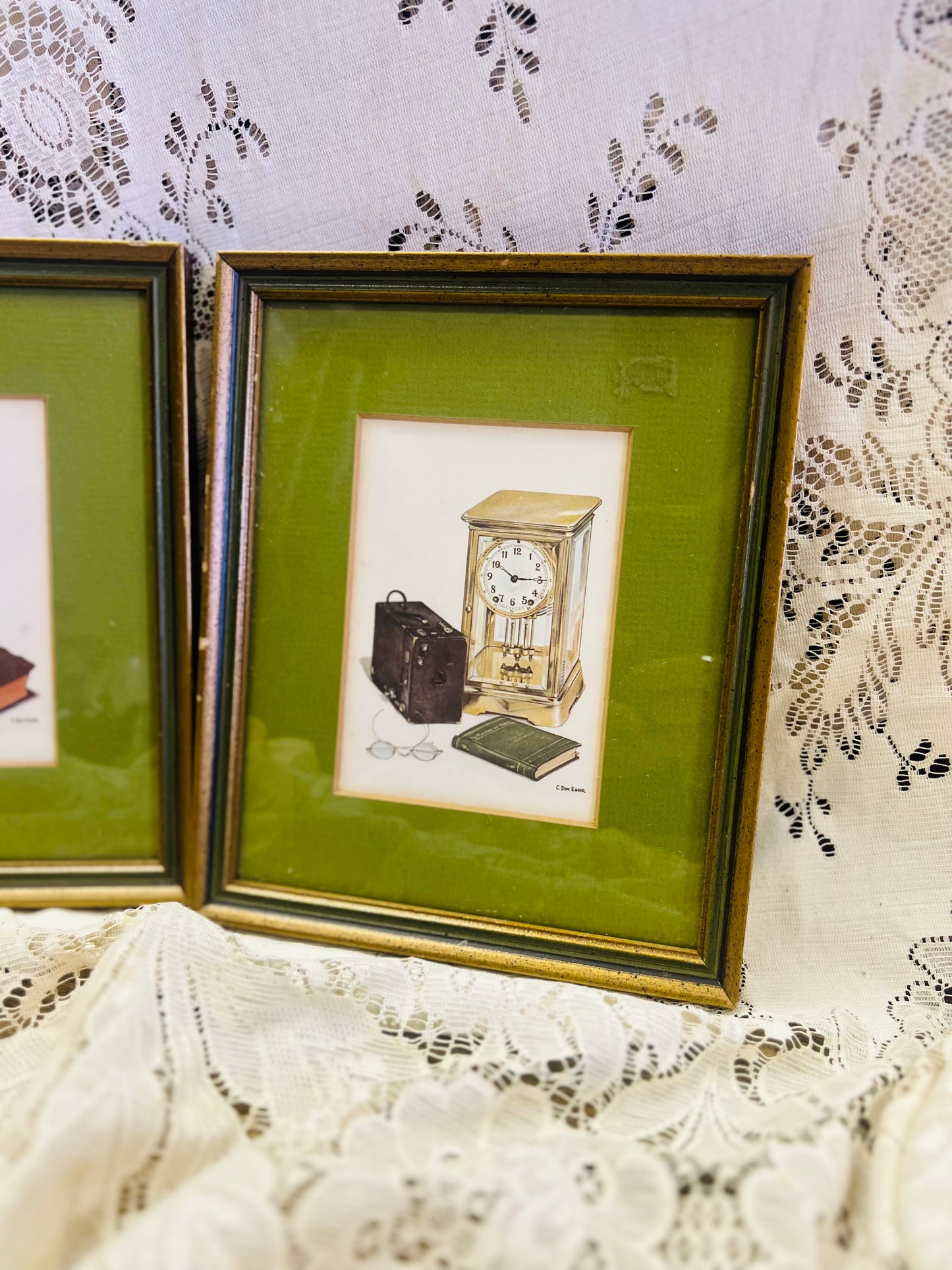 Vintage Green Framed Bible and Clock Photos Set