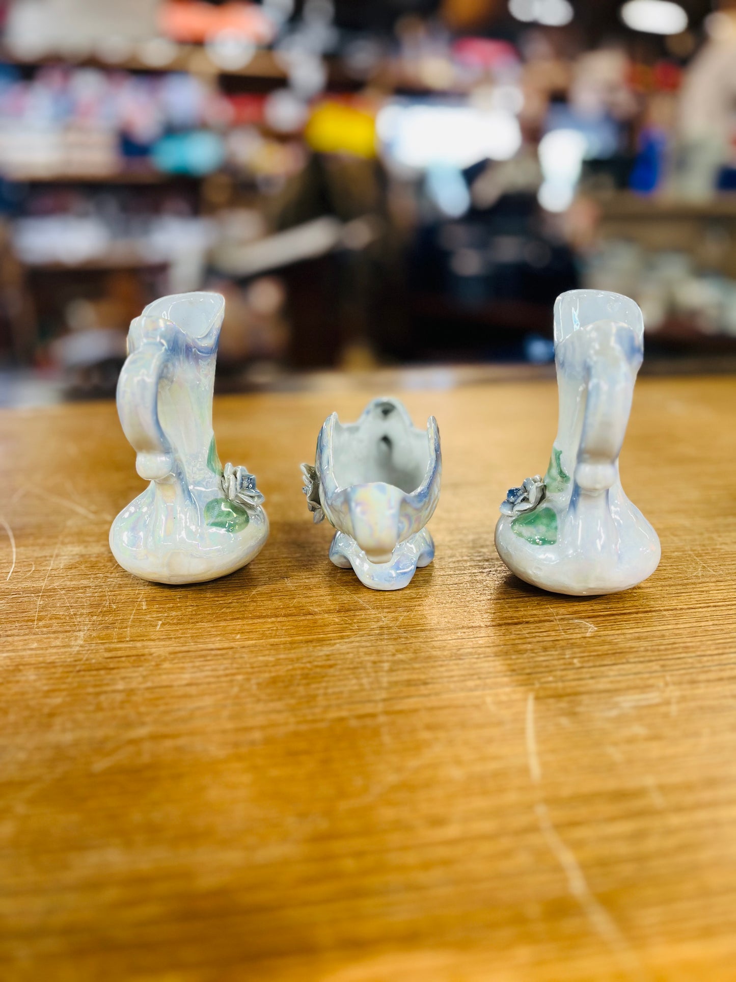 Vintage Lusterware Two Pitchers & Candy Dish with White Iridescent Glaze and Blue Rose Design