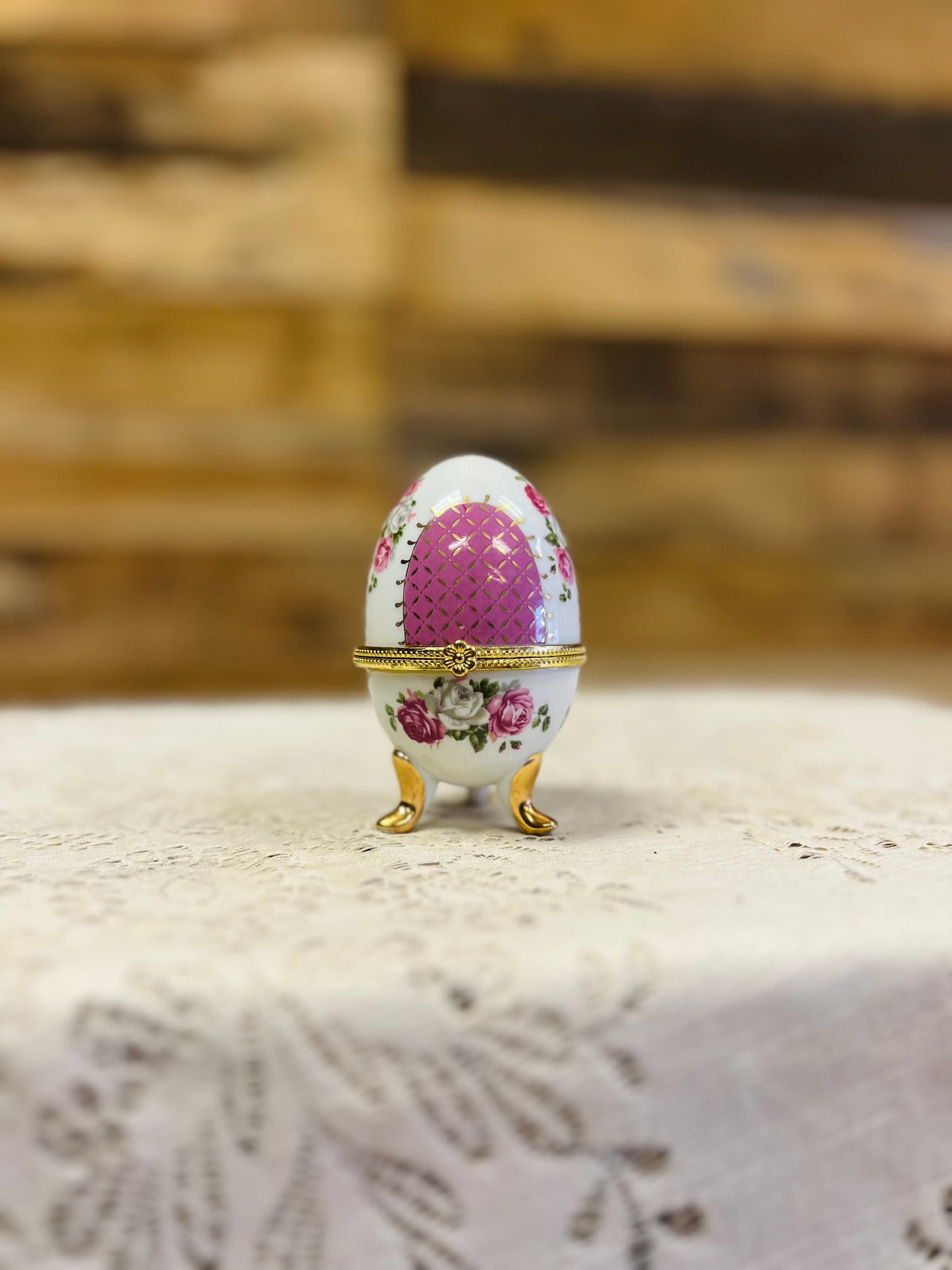 Vintage Egg Shaped Ceramic Trinket Box with Floral Designs