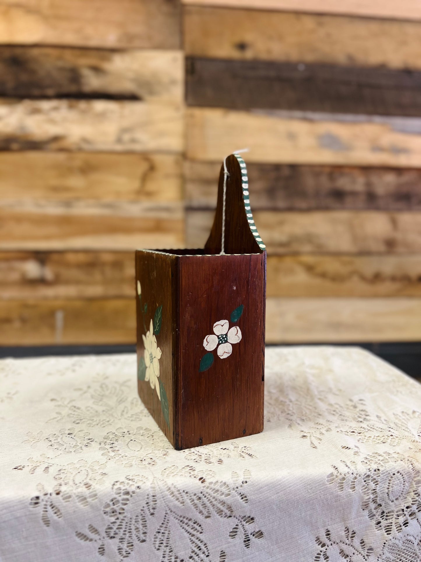 Vintage Wooden Wall Pocket with Floral Design